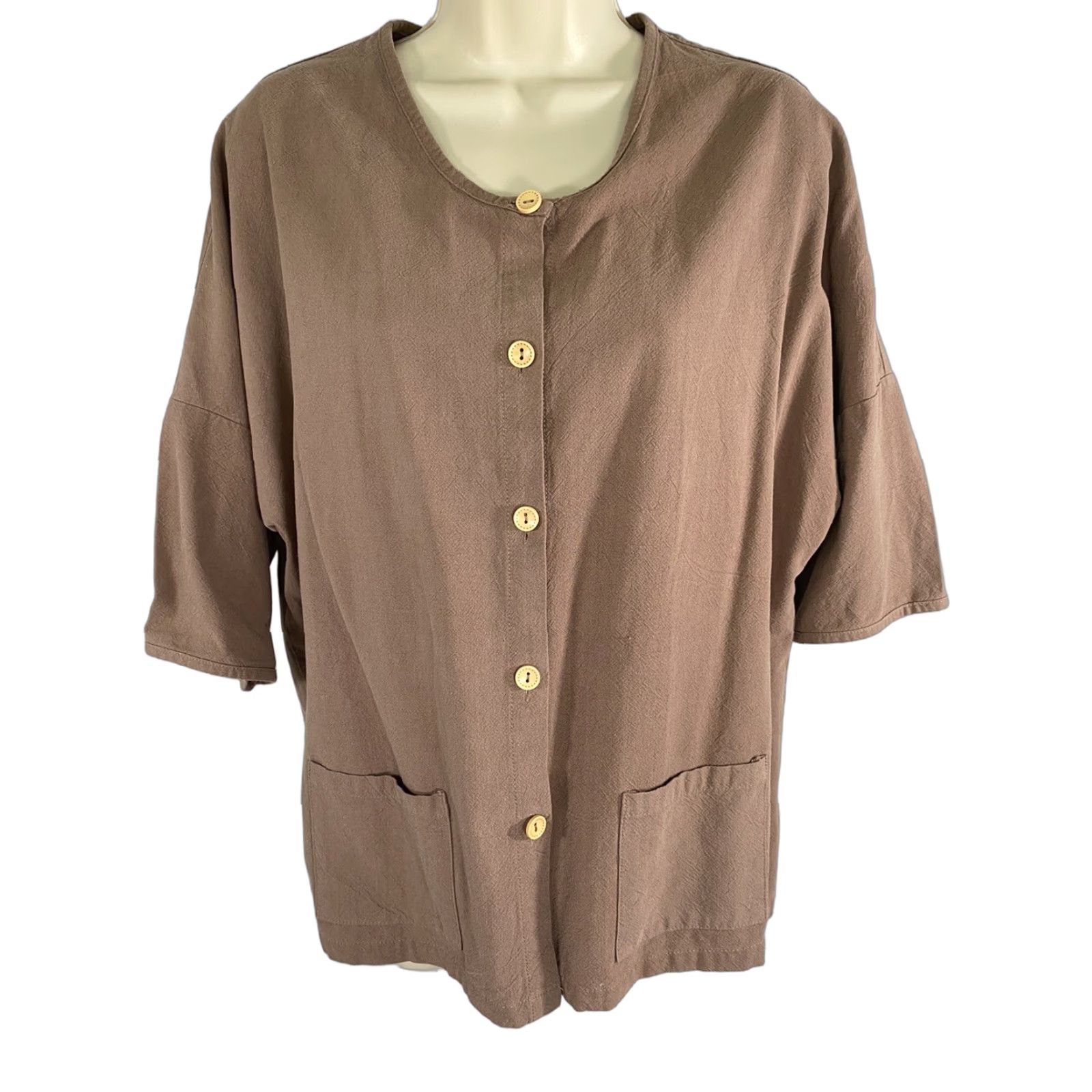 Vintage Ecupper Brown Short Sleeve Button-Up Pockets M Medium Shirt Women Regular Size 32" / US 10 / IT 46 - 1 Thumbnail