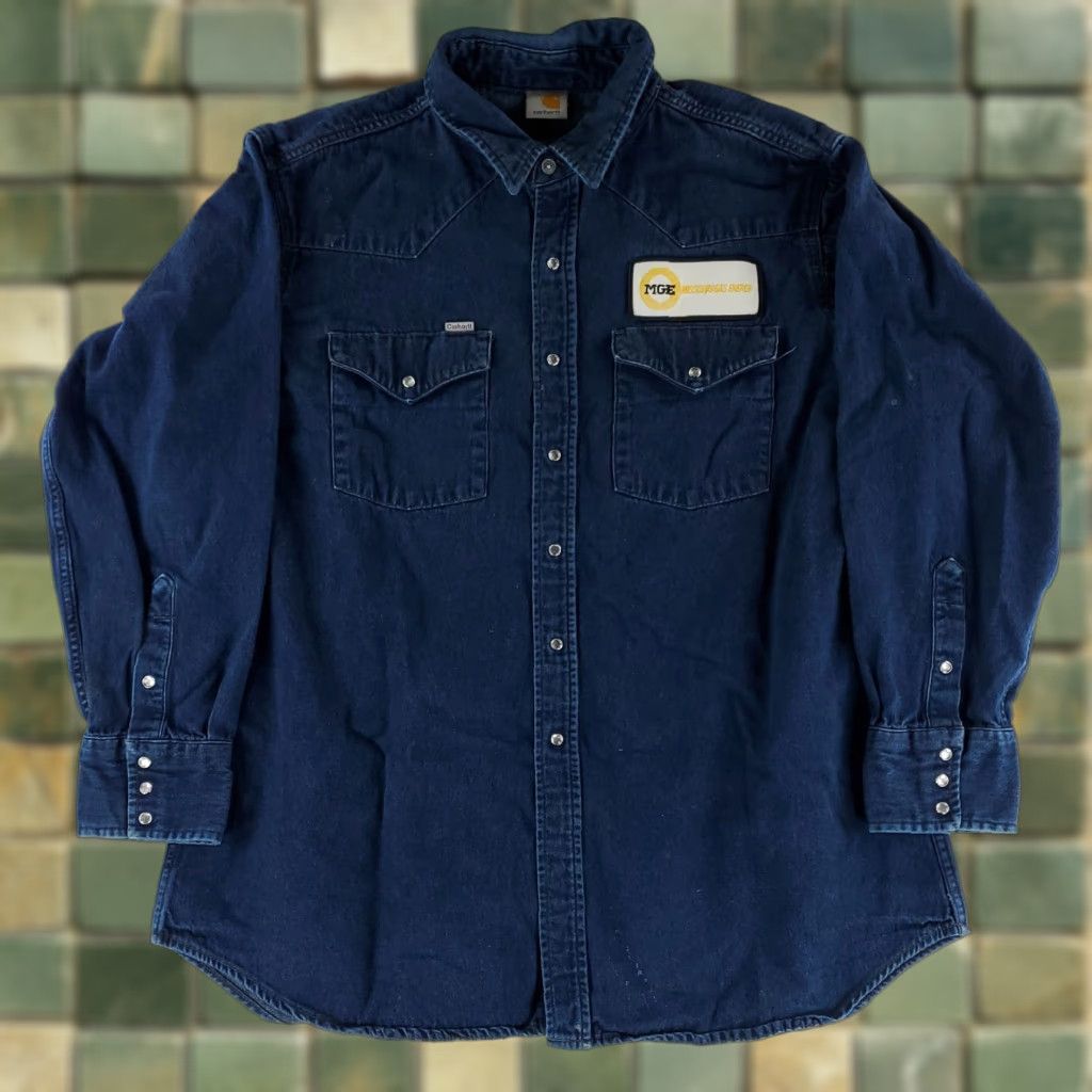 Carhartt VINTAGE Carhartt Denim Pearl Snap Shirt Made USA Patch Blue Mens 3XL Size US XXL / EU 58 / 5 - 1 Thumbnail