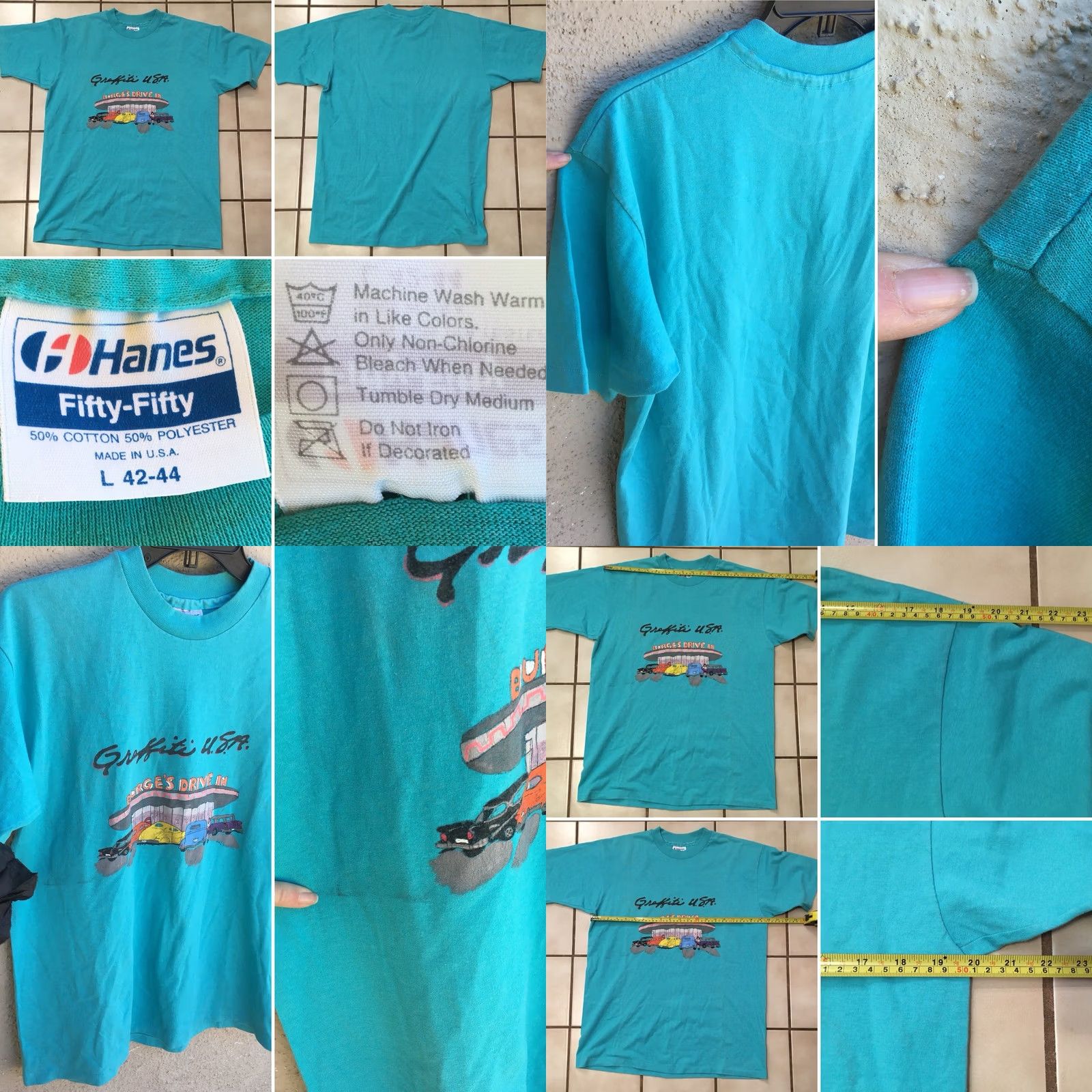 Hanes VINTAGE Hanes Graphic Tee Turquoise 1990s 1990s Burge’s Drive In L Men's Short Sleeve Cotton Blend USA Printed Fifty Fifty Shirt Size US L / EU 52-54 / 3 - 8 Thumbnail