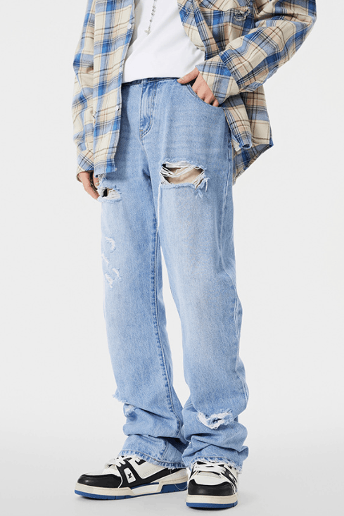 Japanese Brand × Jean American ripped high street trend distressed straight jeans Size US 32 / EU 48 - 1 Thumbnail