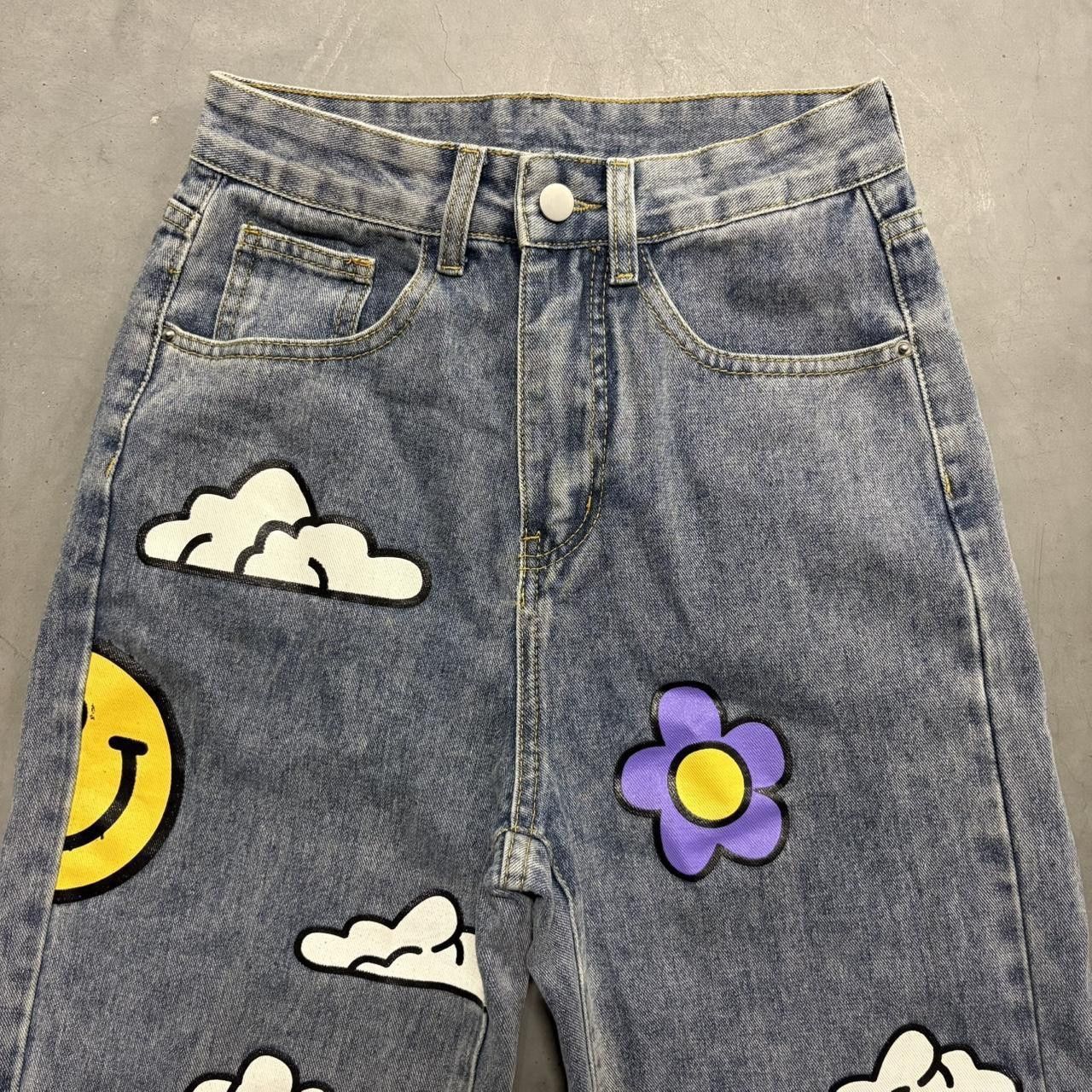Vintage Crazy Vintage Y2K/2000s Baggy Patchwork Clouds Flowers Medium Wash Denim Jeans! Size 25" / US 0 / IT 36 - 2 Thumbnail