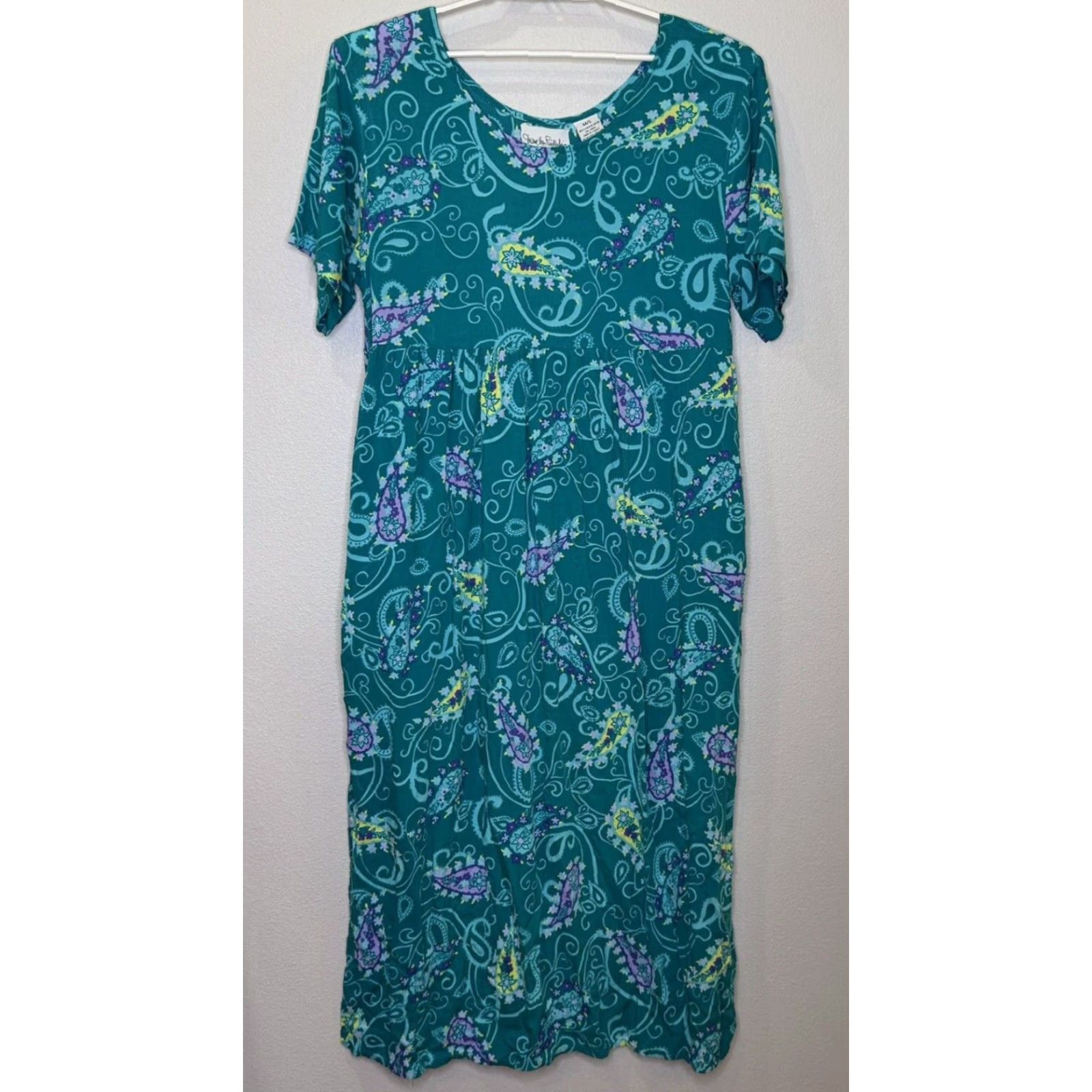 Diane von Furstenberg VINTAGE Diane von Furstenberg Maxi Dress M/L Green Paisley Rayon Bohemian Lounge Patio Short Sleeve Round Neck Pockets Tie Back Size M / US 6-8 / IT 42-44 - 2 Thumbnail