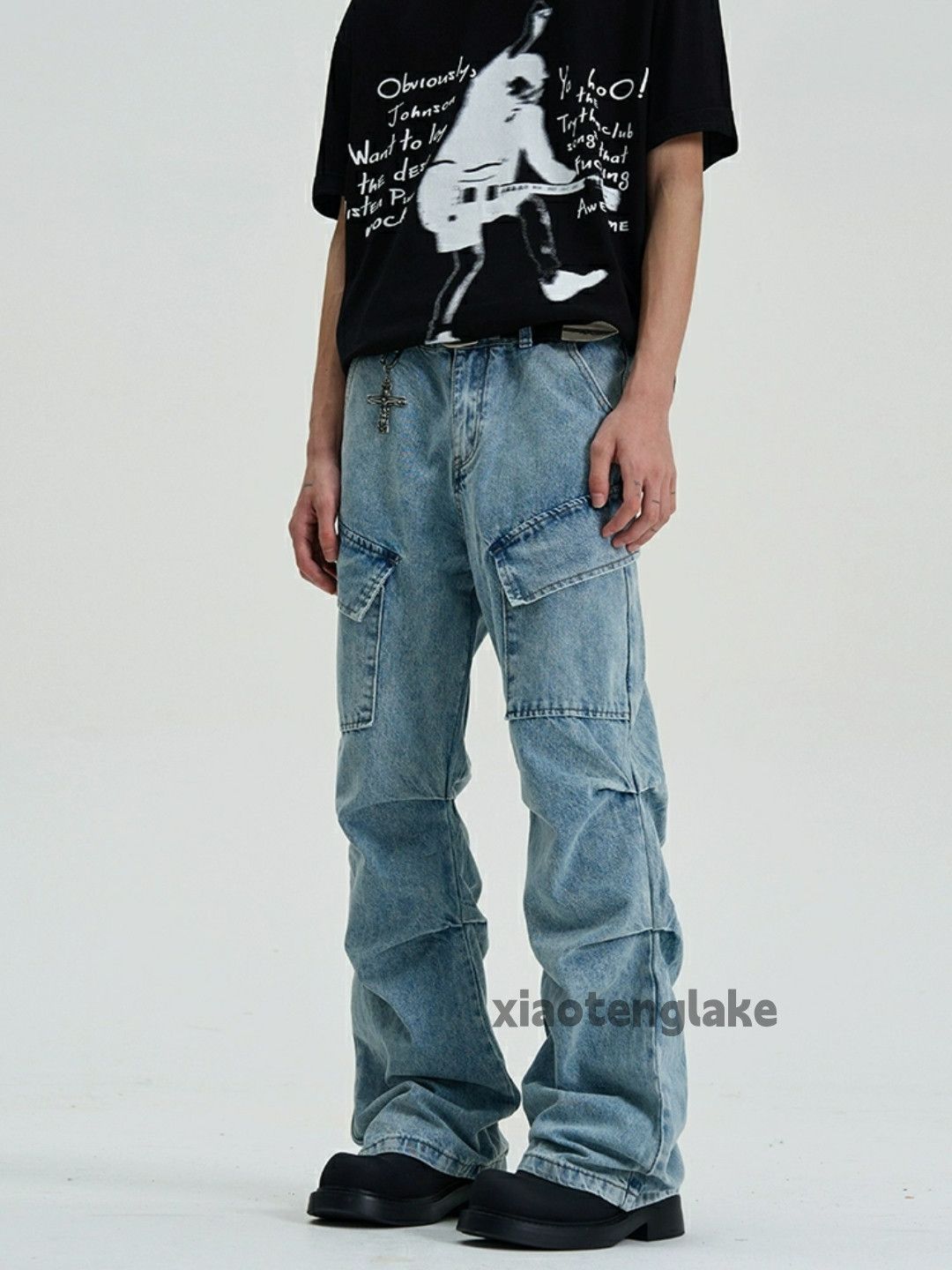 washed faded pleated skate hiphop punk cargo flared jeans