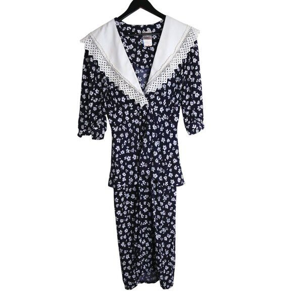 Vintage Vintage Floral 80s Collar Lace Trim Midi Dress Size 7/8 Size M / US 6-8 / IT 42-44 - 1 Thumbnail
