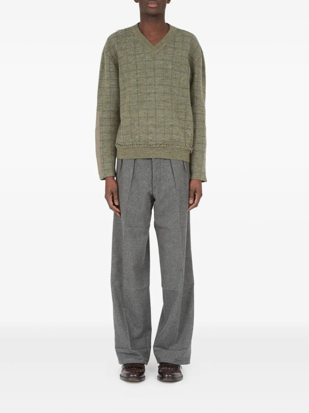 Maison Margiela o1w1db10526 V-neck Grid-pattern Wool Sweater in Olive Green Size US XL / EU 56 / 4 - 2 Thumbnail