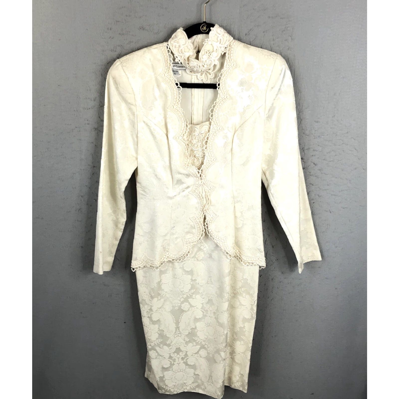 Vintage VINTAGE Scott McClintock Dress Womens 4 Cream Victorian Romantic Formal Dress Knee Length Ivory Damask Pencil Dress 80s Wedding Mens Womens Girls? Size S / US 4 / IT 40 - 2 Thumbnail