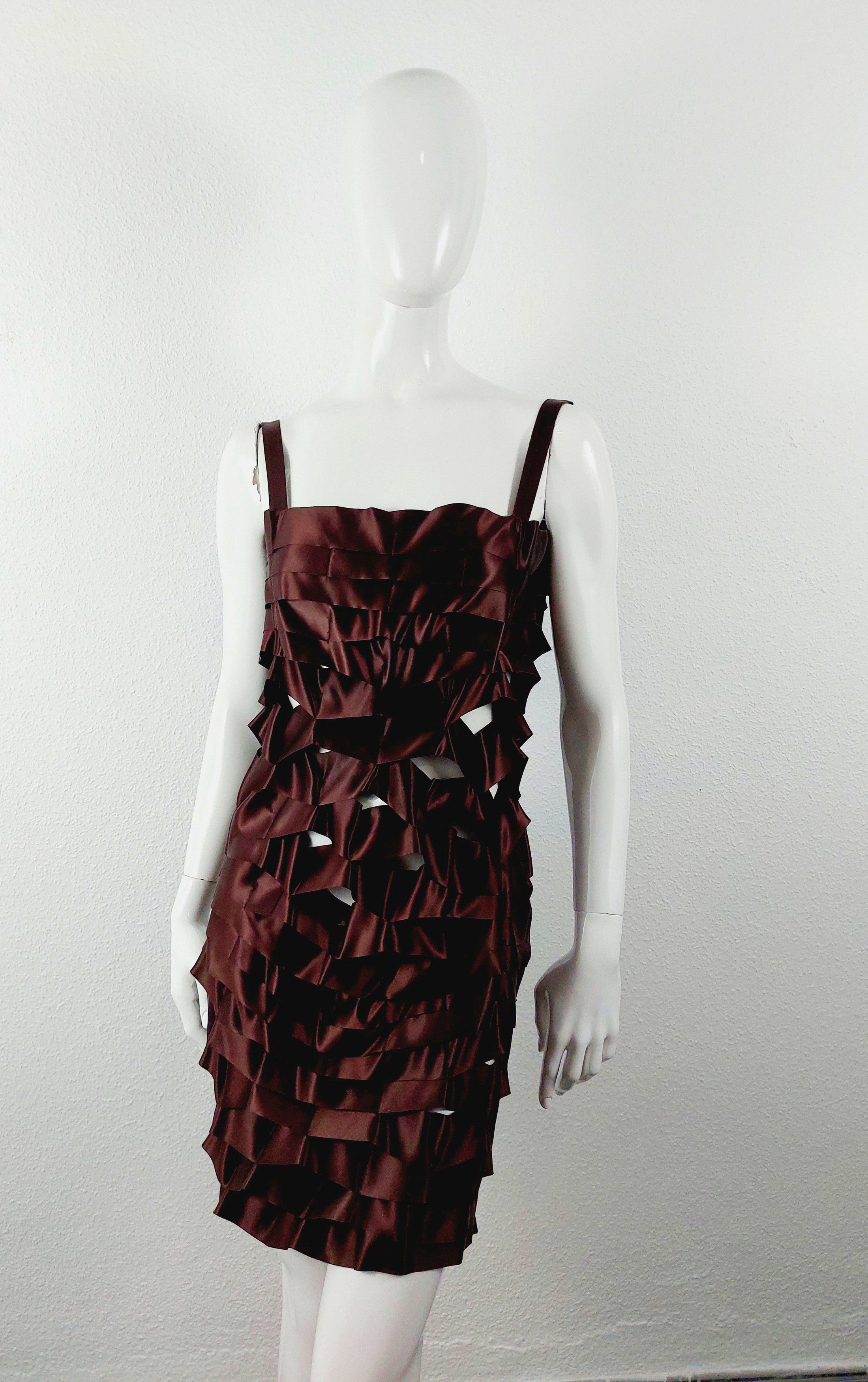 Issey Miyake Vintage Issey Miyake Bronze Satin Ribbon Cage Dress, 1990s Size XS / US 0-2 / IT 36-38 - 2 Thumbnail