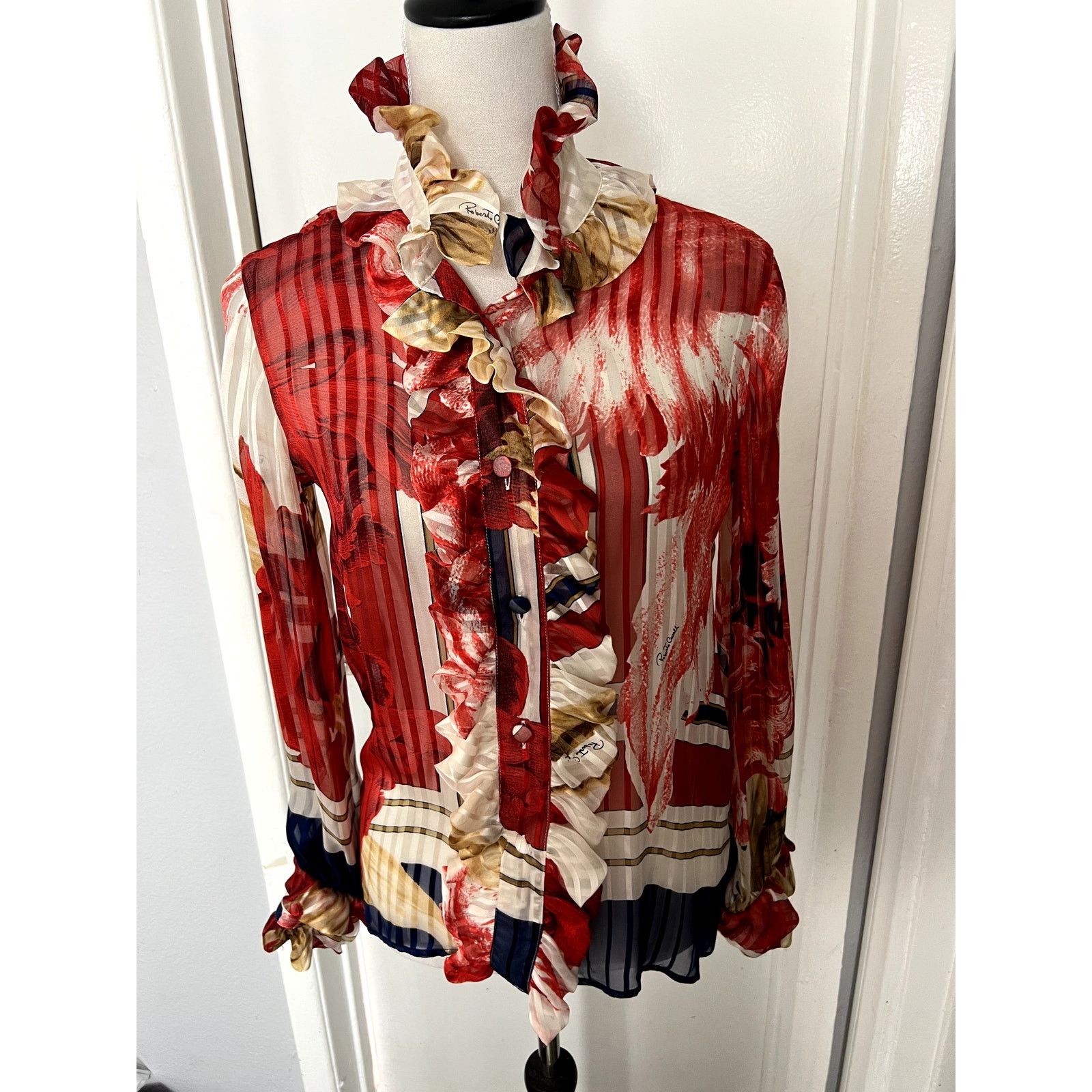 Roberto Cavalli NWT Roberto Cavalli '06 Silk red Ruffled Blouse Sz S Size S / US 4 / IT 40 - 2 Thumbnail
