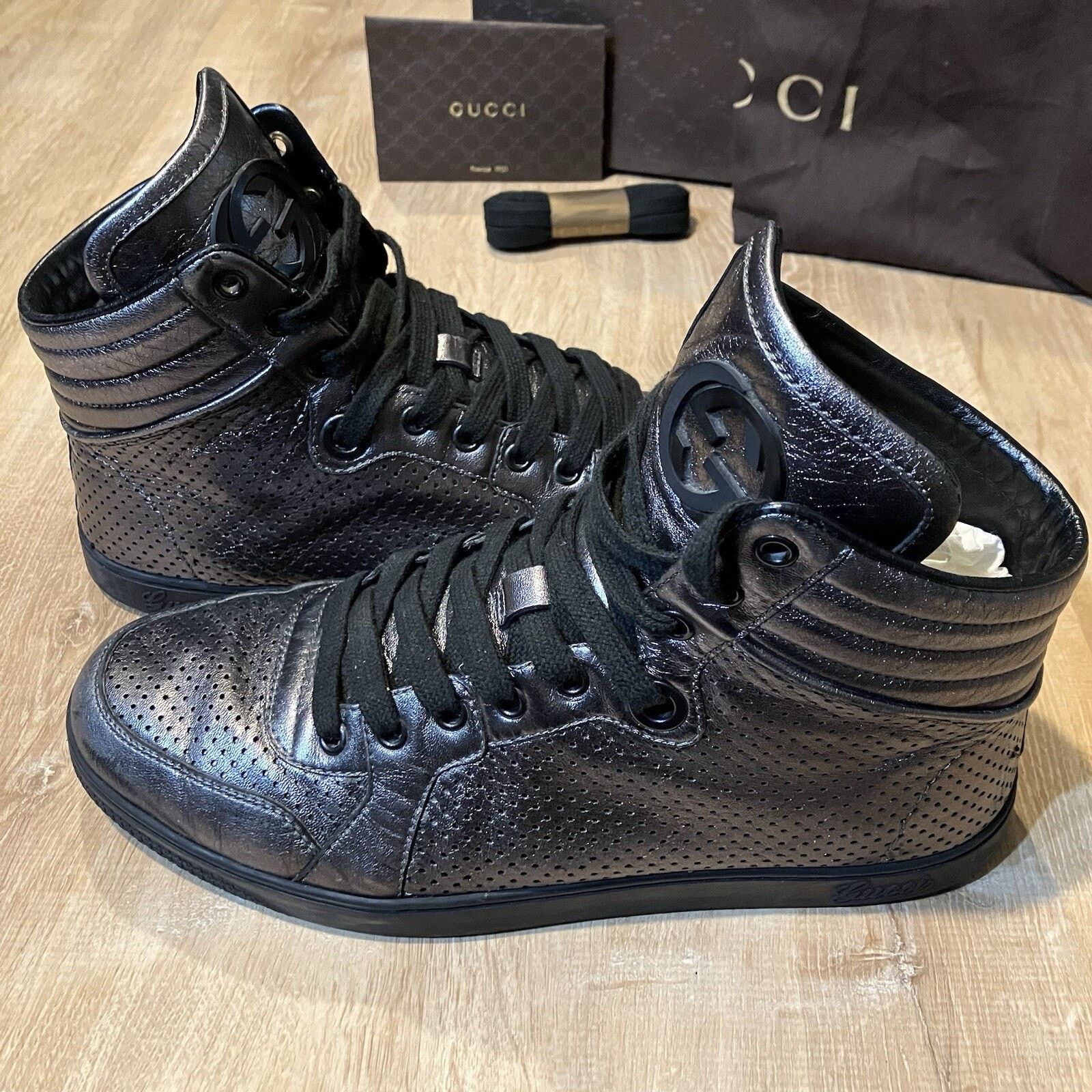 Gucci GUCCI GG Gray Platinum Metallic High Top Leather 322730 Size US 8.5 / EU 41-42 - 1 Thumbnail