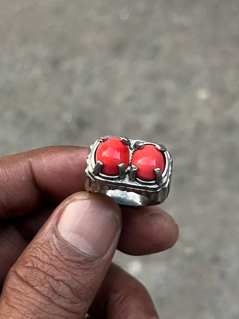 Vintage Silver Double Red Coral Cobochon Ring