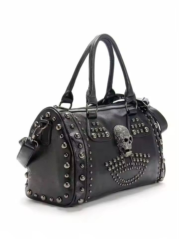 Japanese Brand Trendy Metal Skull Studded Black Handbags Size ONE SIZE - 3 Thumbnail
