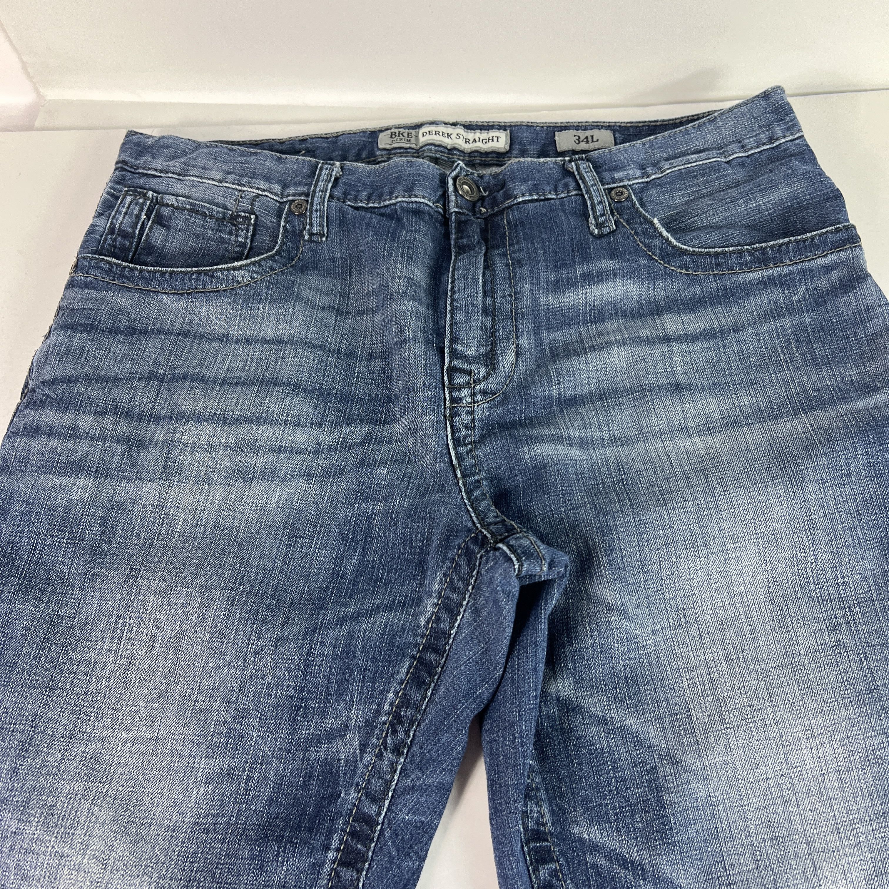 BKE BKE Jeans Long Derek Straight Leg Blue Faded Stretch Denim Size US 35 - 2 Thumbnail