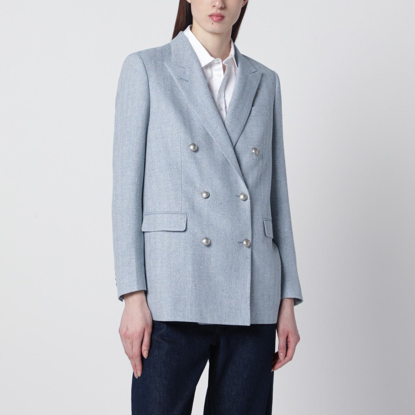 Tagliatore Tagliatore Light Blue Double-Breasted Cotton-Blend Jacket Size M / US 6-8 / IT 42-44 - 1 Thumbnail