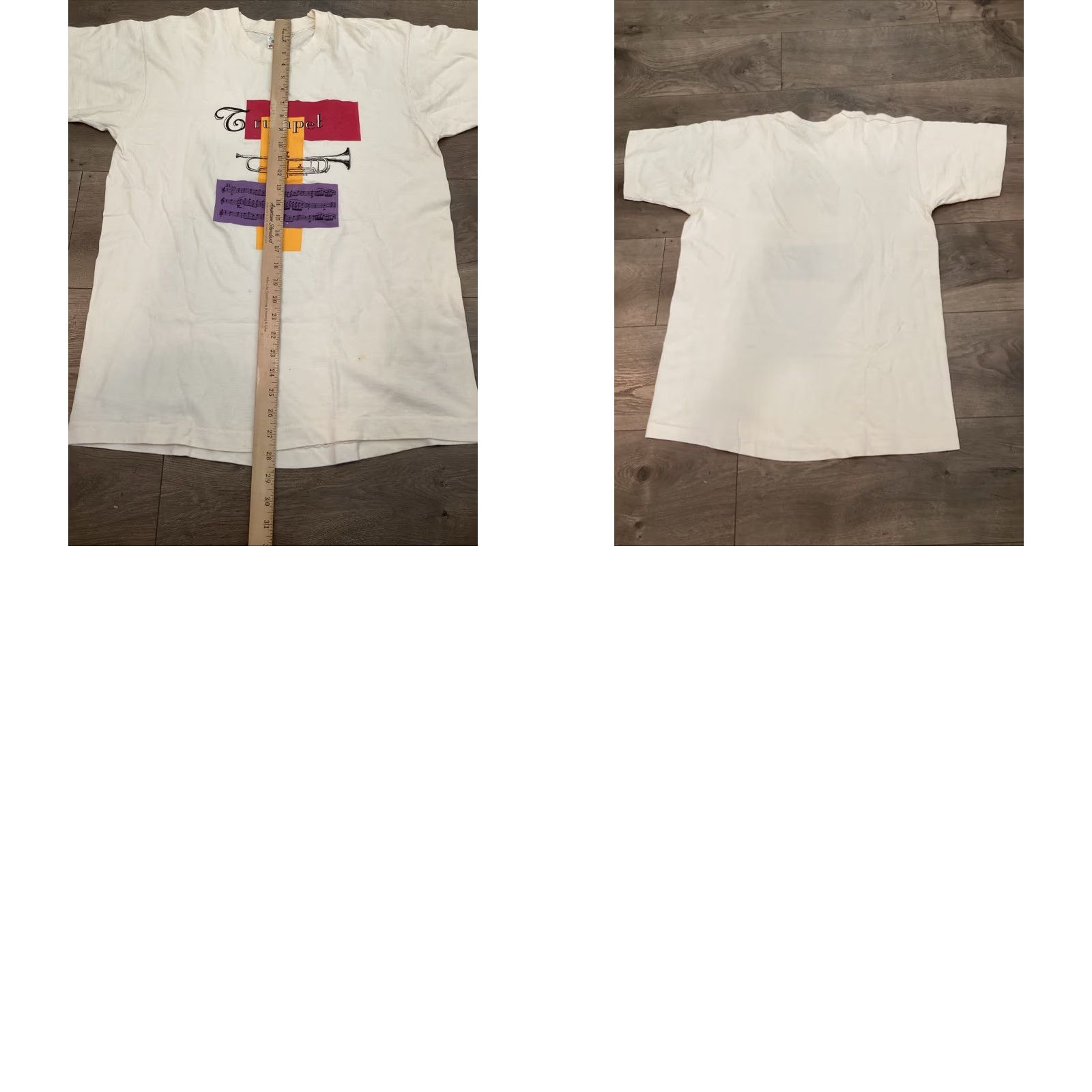 Jerzees Vtg Music Shirt Tee Mens Large White Gold Trumpet Score Notes Instrument 90s SS Size US L / EU 52-54 / 3 - 8 Thumbnail