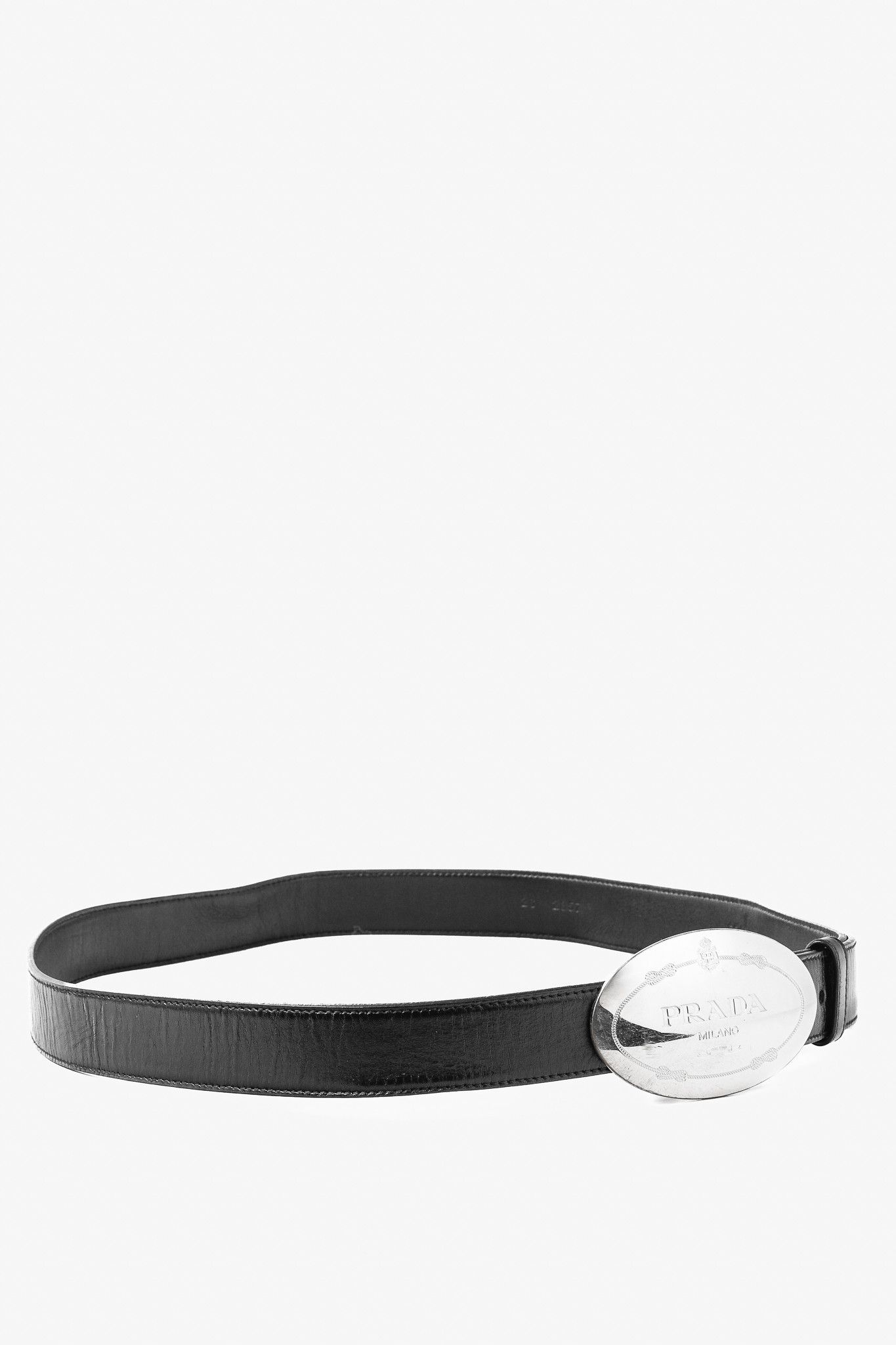 Prada Prada Black Leather Logo-Engraved Oval-Buckle Belt Size ONE SIZE - 1 Thumbnail