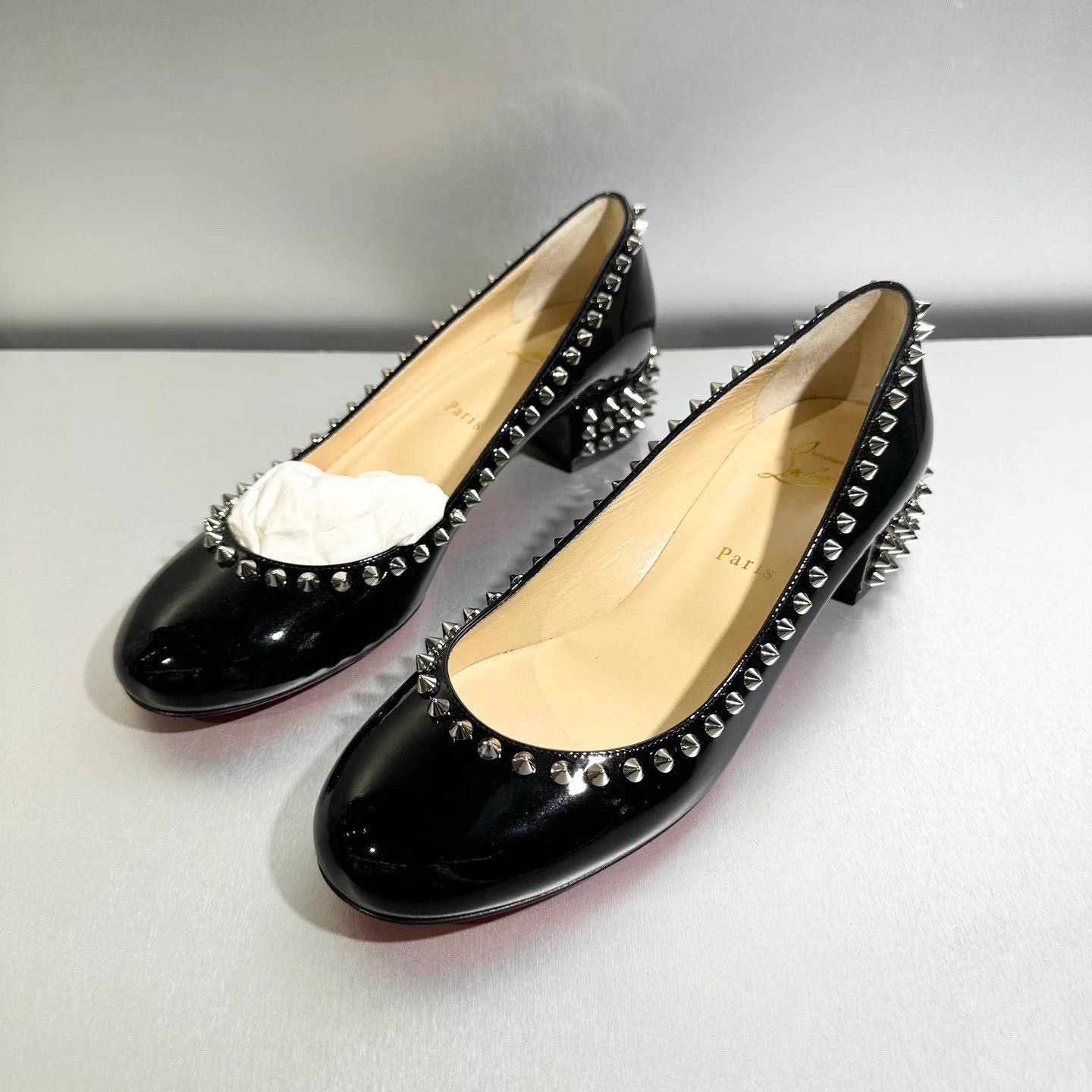 Christian Louboutin CL Black Patent Leather Riveted Flats Size 38 Size US 7 / IT 37 - 1 Thumbnail