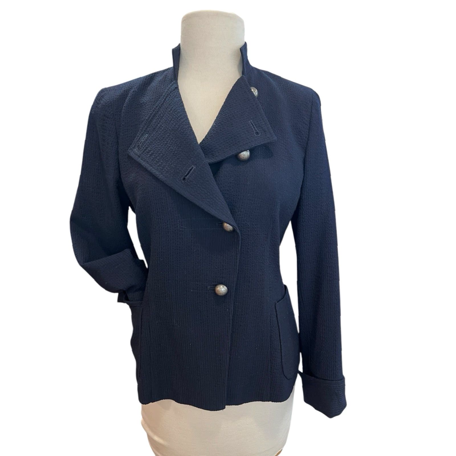 Vintage Garfield & Marks Women's Navy Blue Textured Jacket Asymmetrical Button Size 0 Size XS / US 0-2 / IT 36-38 - 6 Thumbnail