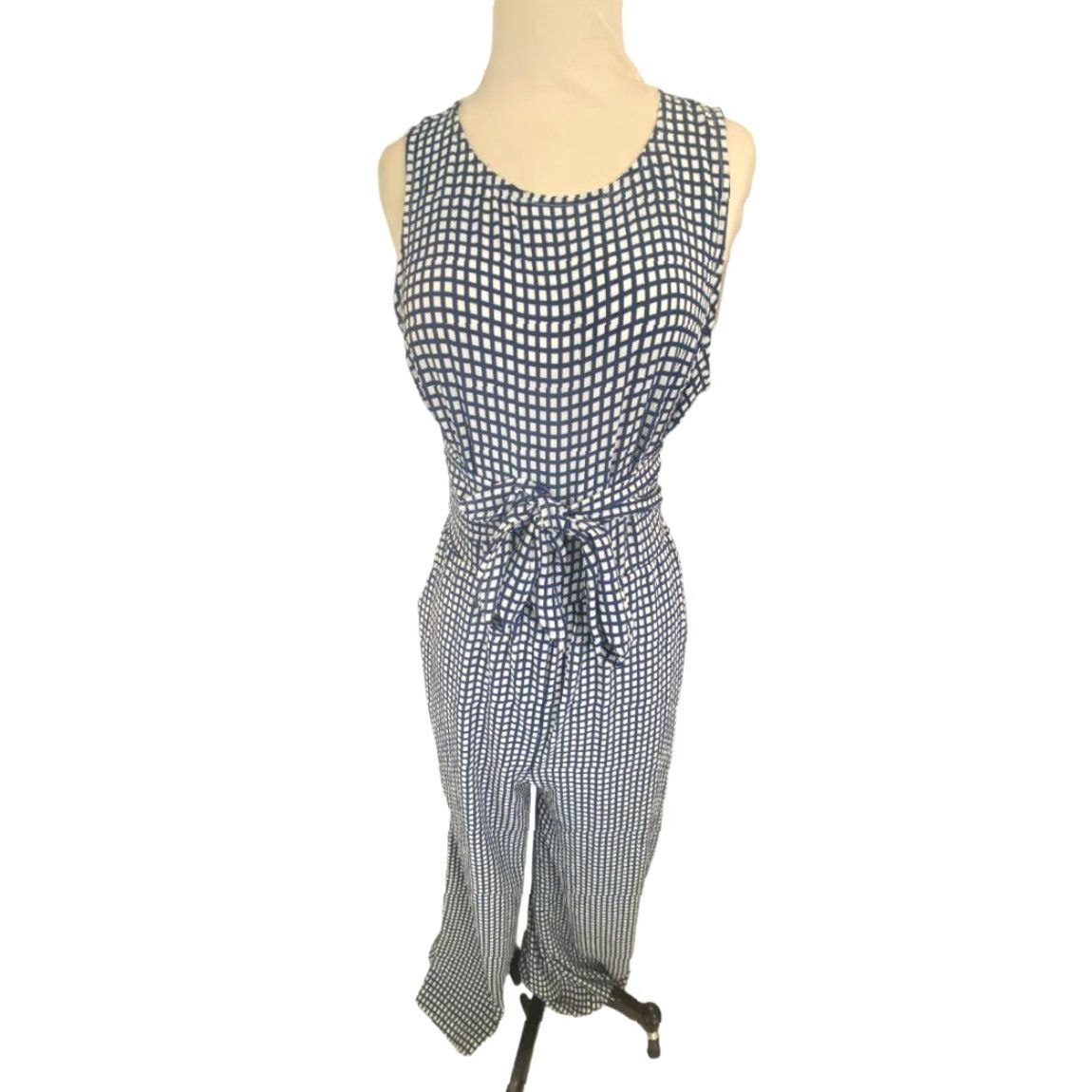 Vintage LUSH Check Jumpsuit One-Piece Crepe Sleeveless Medium White Blue Wide Leg Womens M Size 32" / US 10 / IT 46 - 6 Thumbnail