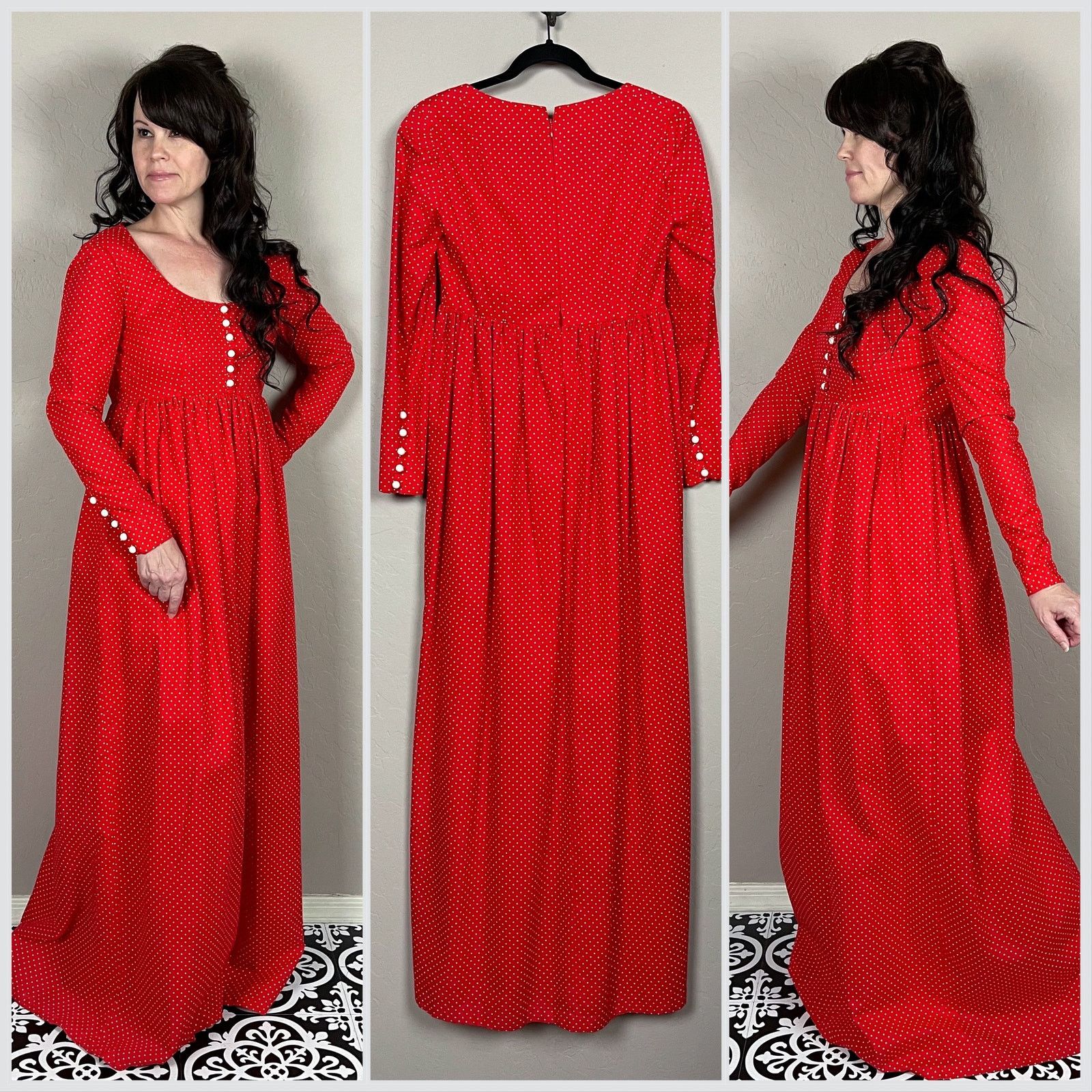 Vintage Vintage 1970s Red & White Polka Dot Long Sleeve Maxi Dress Size XXS / US 00 / IT 34 - 2 Thumbnail