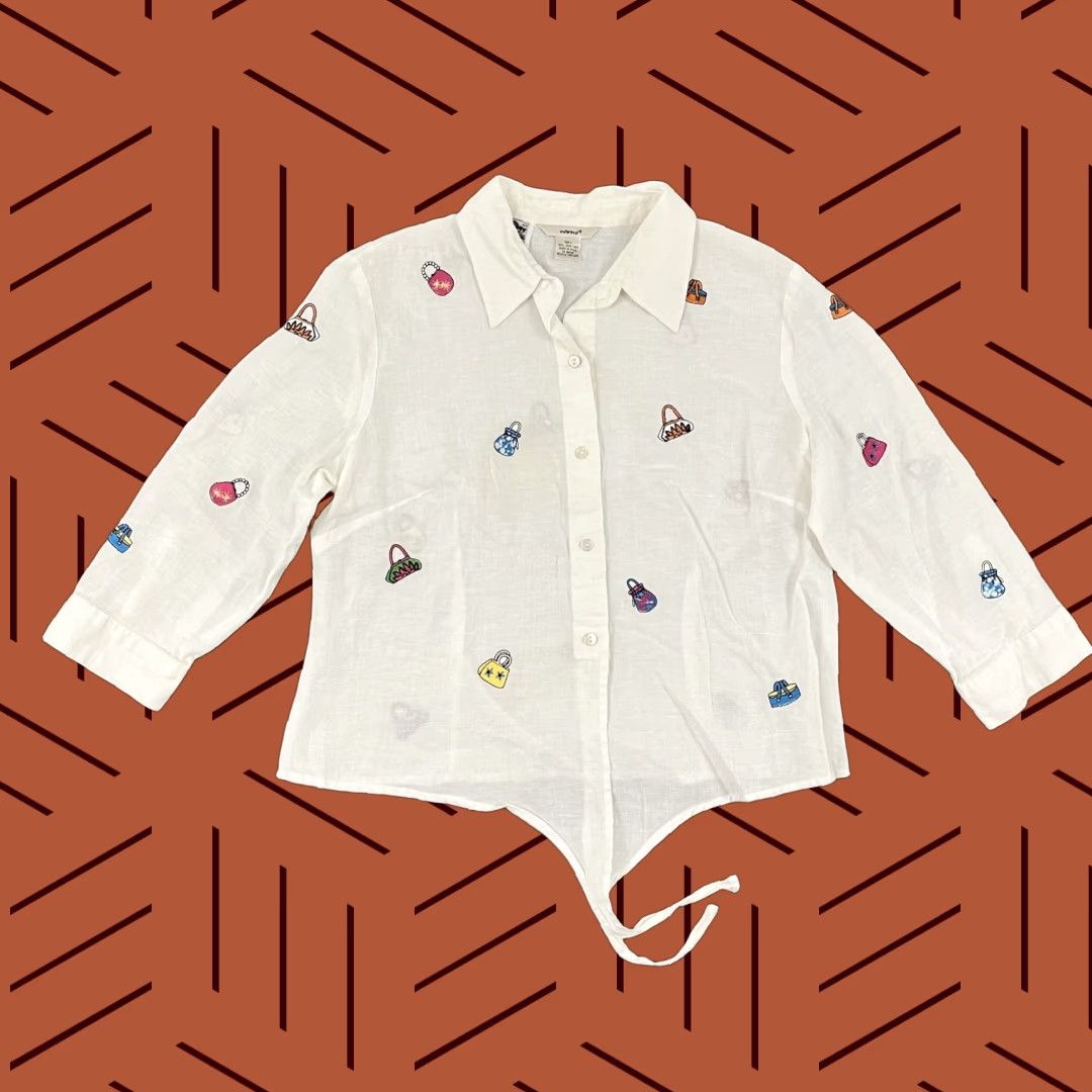 Vintage Edward Shirt Womens Large White 100% Irish Linen Tie Front Embroidered Pursed Bag Casual Shirt Womens L White Embroidered Linen Tie Front Edward Shirt Size L / US 10 / IT 46 - 1 Thumbnail