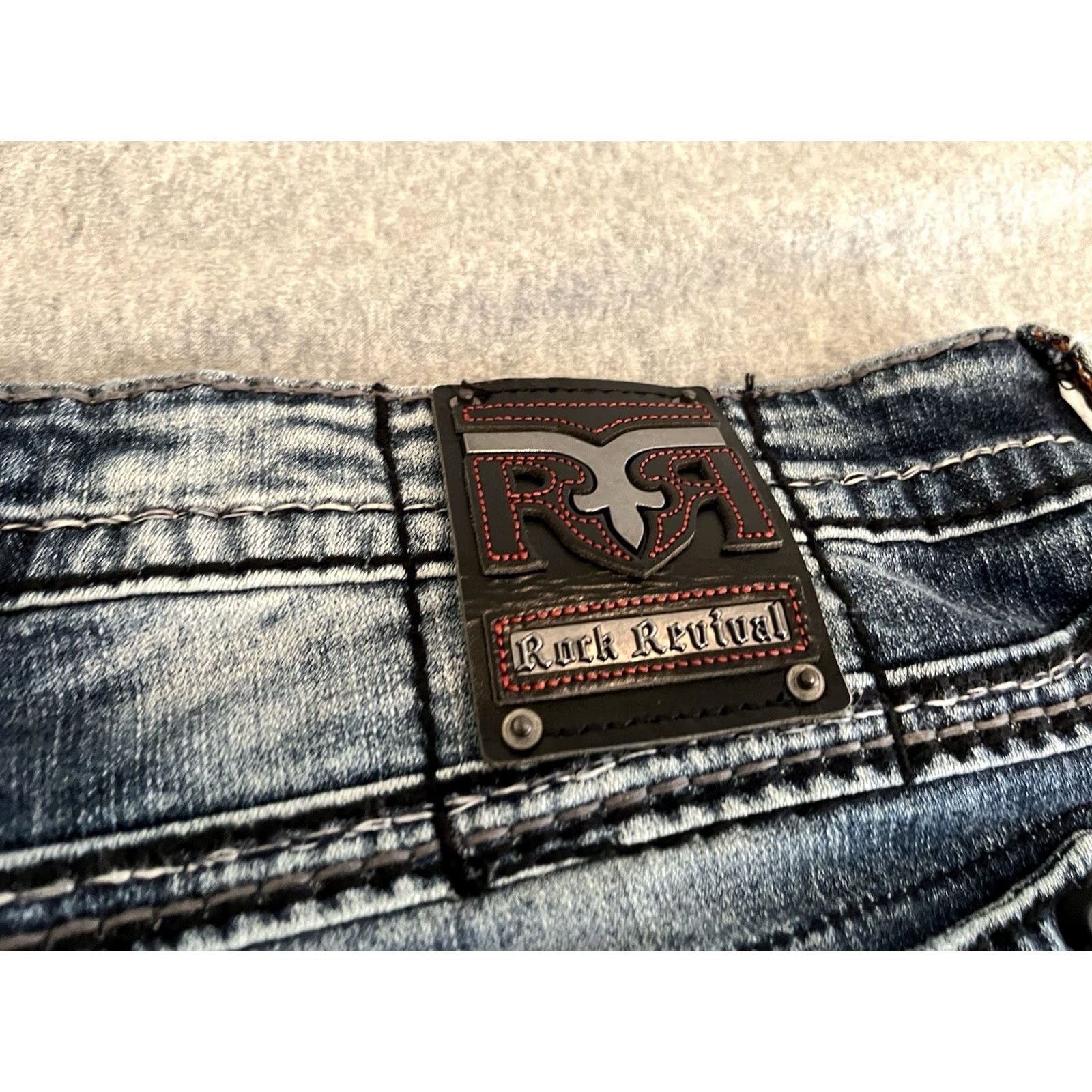 Vintage Rock Revival Jeans Biker Distressed Denim Mens 44x33 NWT Blue Cotton/Elastane Distressed Denim Mens Wed 90s Size US 44 / EU 60 - 7 Thumbnail