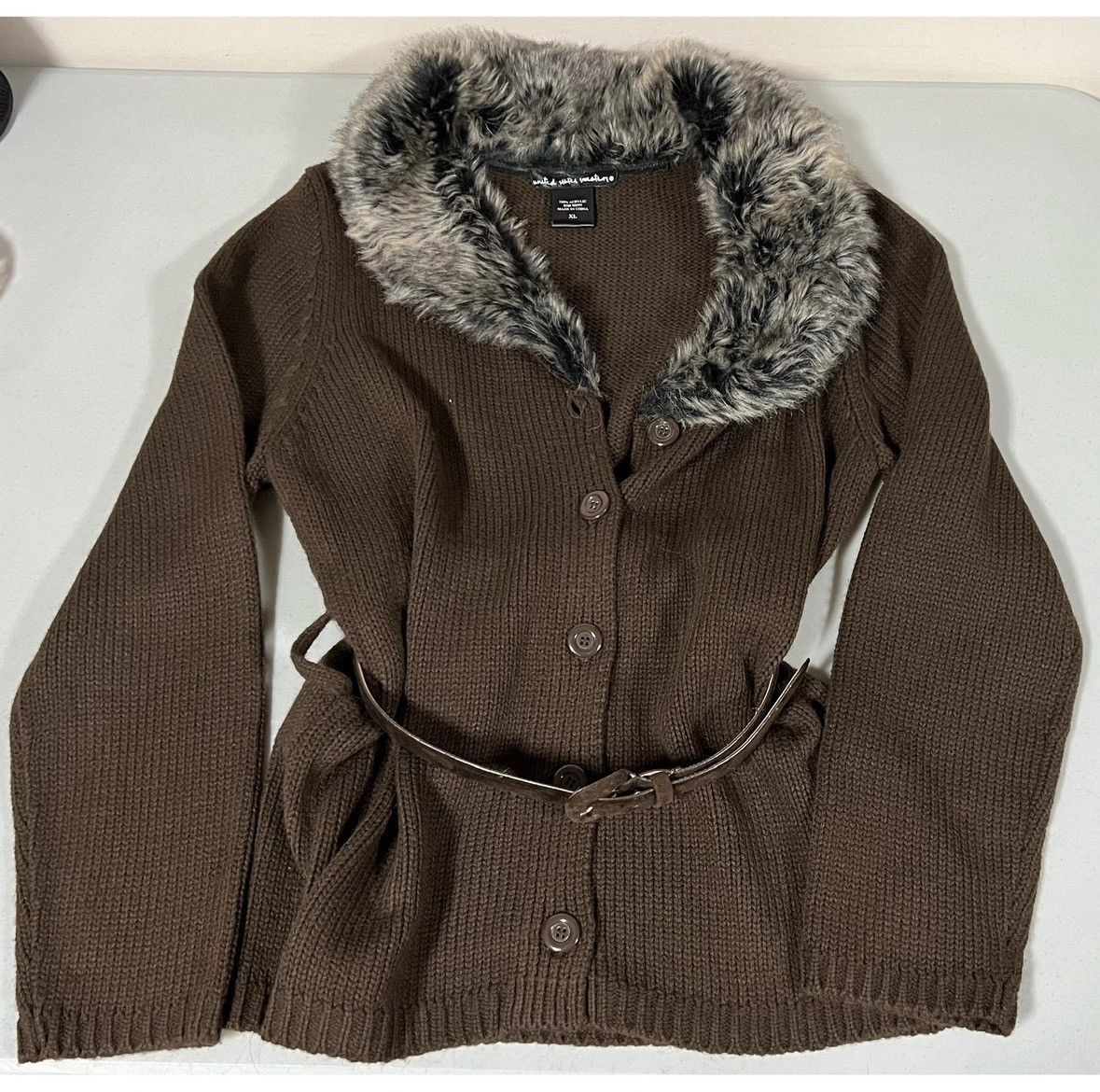 United Arrows Brown Knit Fur Button-Up Belted Sweater Cardigan Top XL 🤎✨ Size XL / US 12-14 / IT 48-50 - 2 Thumbnail