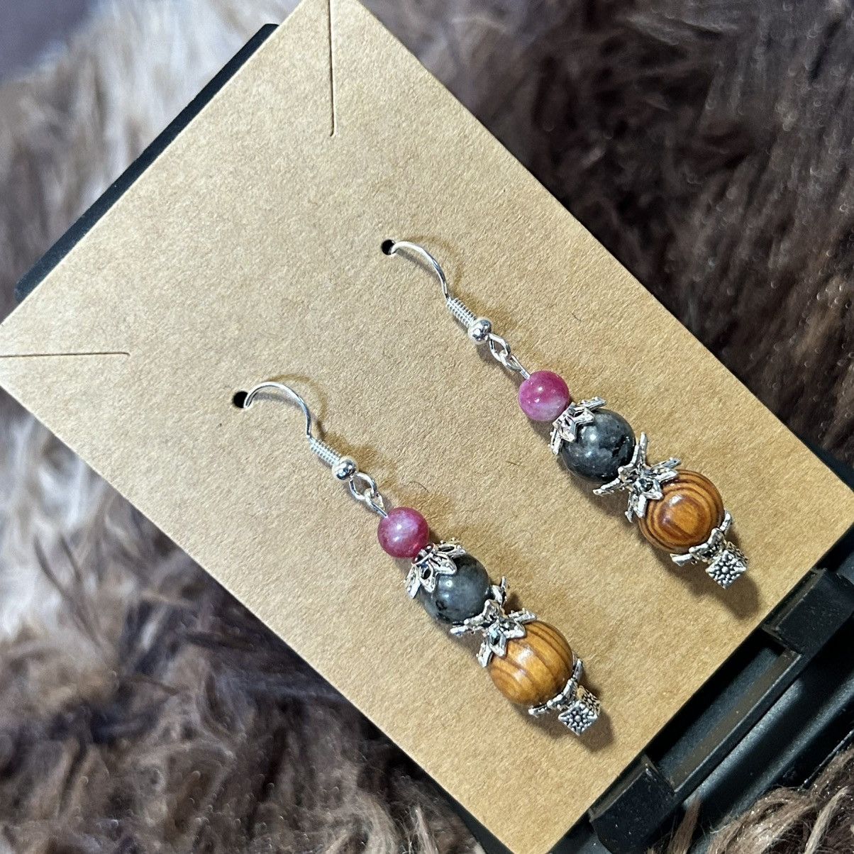 Handmade Handcrafted vintage wood bead larvikite elbaite earrings Size ONE SIZE - 1 Thumbnail
