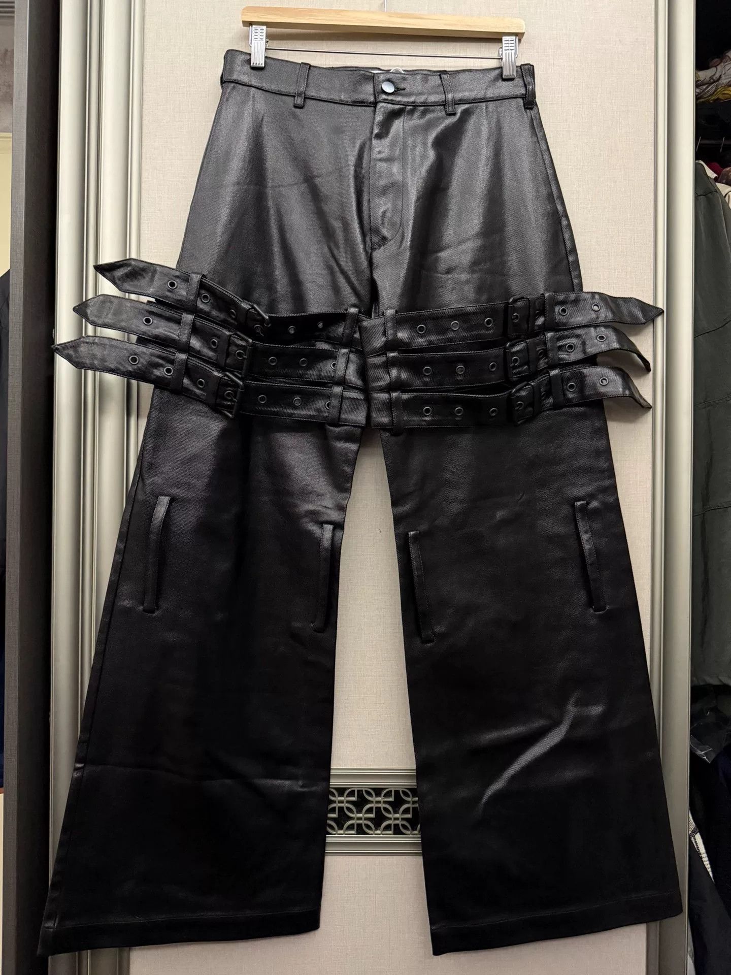 stylish black faux leather wide-leg pants
