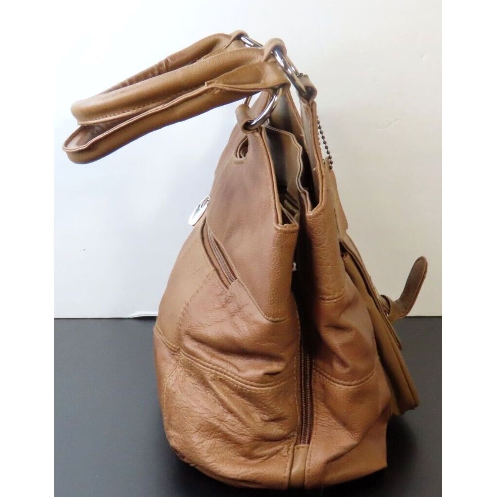 Vintage Vallemosso Leather Brown Purse Women Shoulder Bag Medium Hand Purse 2 Handle Fashion Womens Brown Leather Bag Size ONE SIZE - 4 Thumbnail