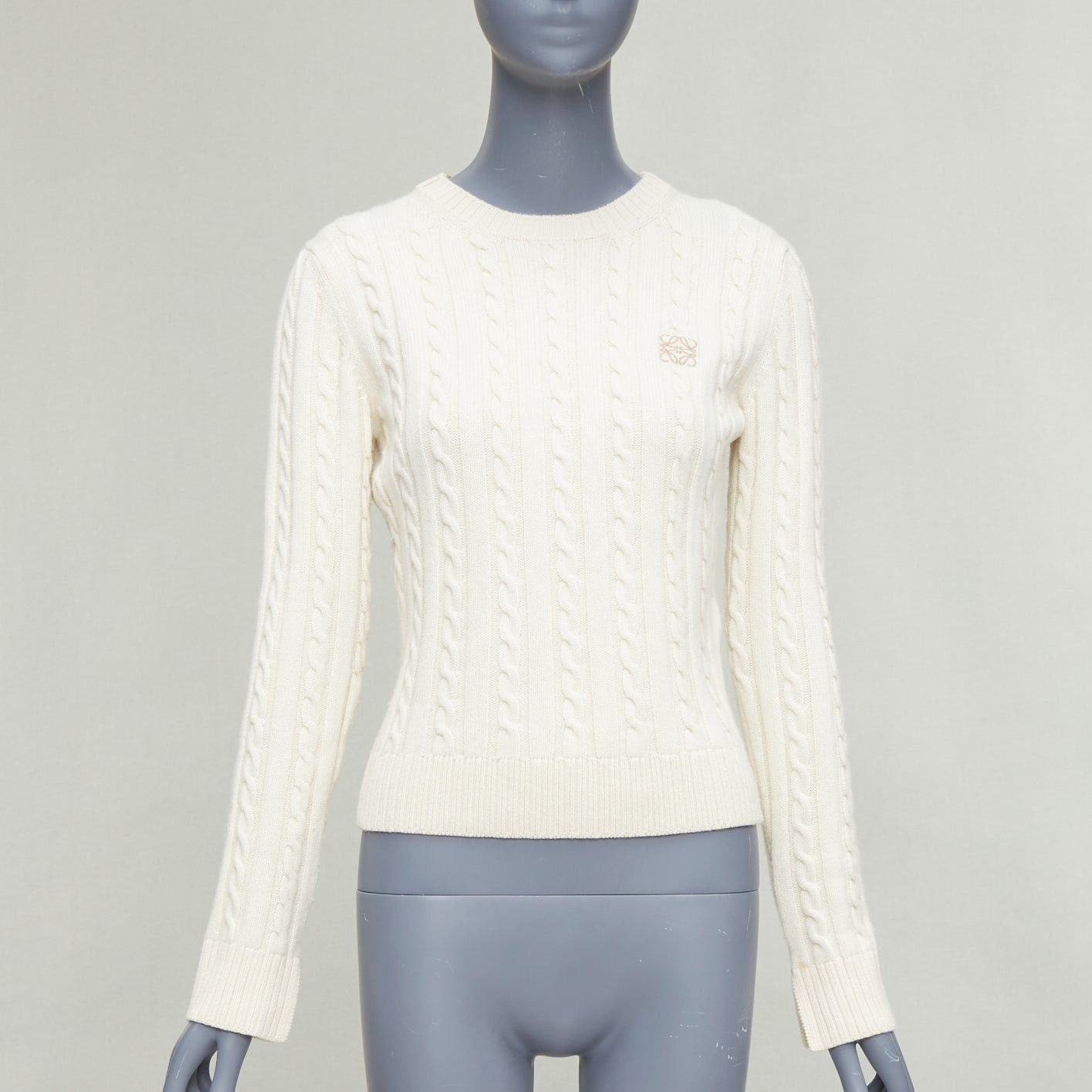 Loewe LOEWE ecru wool cotton anagram cable knit cropped sweater XS Size S / US 4 / IT 40 - 1 Thumbnail