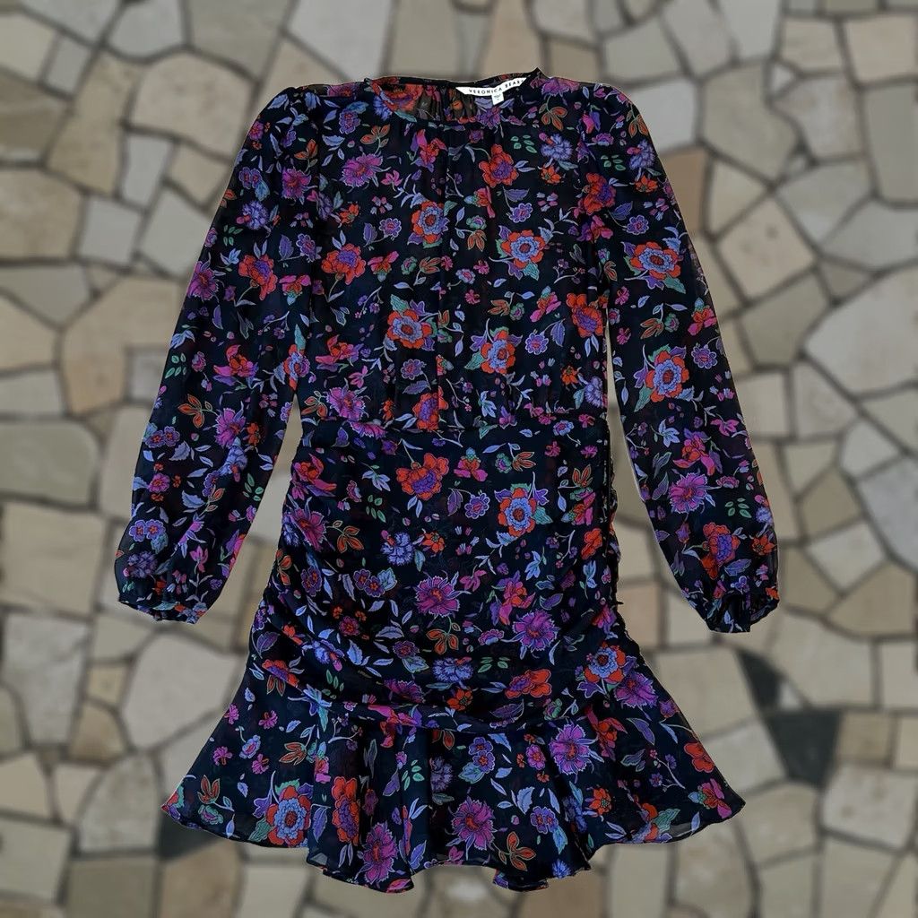 Veronica Beard VERONICA BEARD Mini-Dress Women’s Floral Silk Ruched Long Sleeve Black/Purple Multicolor 0 Size XS / US 0-2 / IT 36-38 - 1 Thumbnail