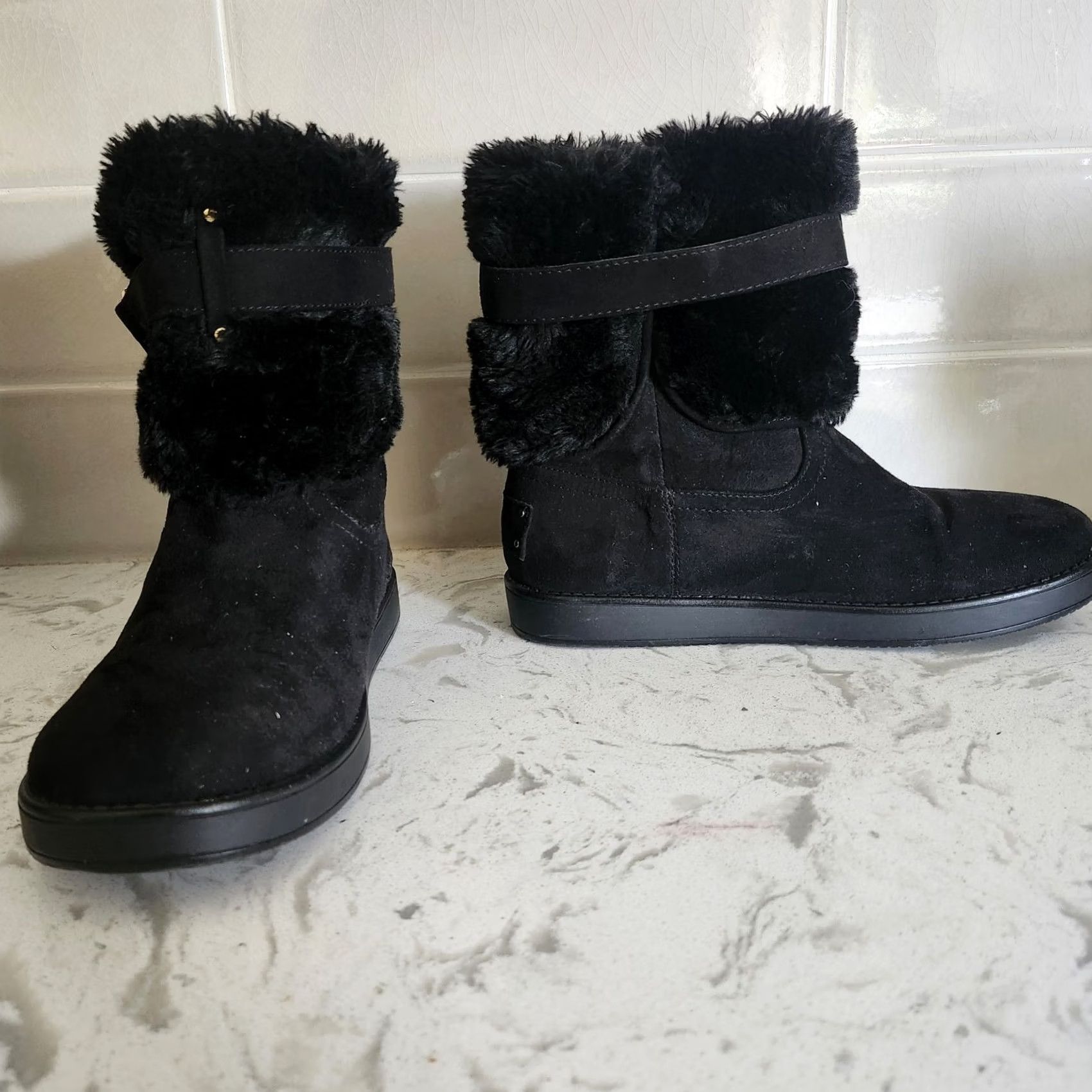 Guess G by Guess Gallion Boots Mid-Calf Womens US 7M Black Faux Fur Lined Fur Trim Medallion Logo Winter Boot Size US 7 / IT 37 - 2 Thumbnail