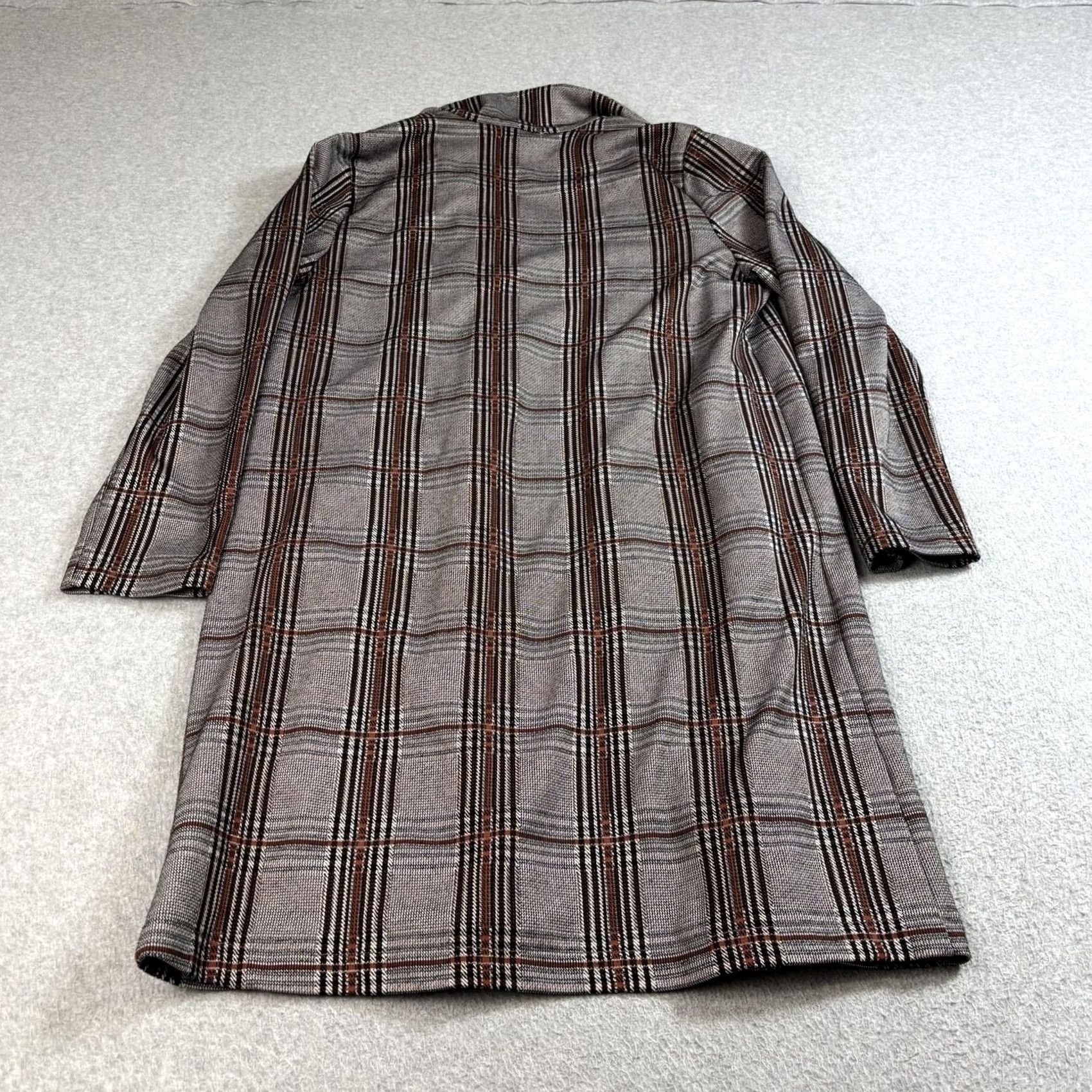 Vintage Melloday Coatigan Womens M Brown Plaid Long Jacket Overcoat Open Front Pockets Collared Knit Size M / US 6-8 / IT 42-44 - 2 Thumbnail