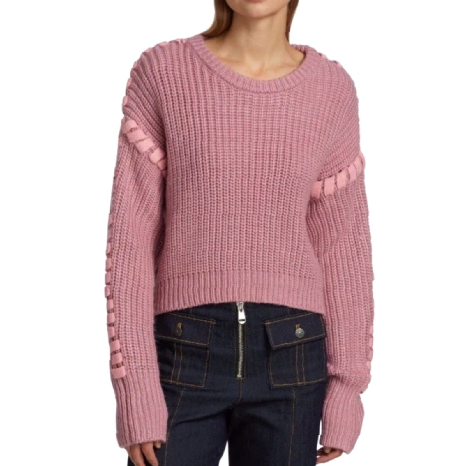Cinq a Sept Cinq à Sept Lennon Sweater Women's M Pink Sand Stitch-Detail Knit Crew Neck Dolman Long Sleeve Pullover Knit Size M / US 6-8 / IT 42-44 - 2 Thumbnail