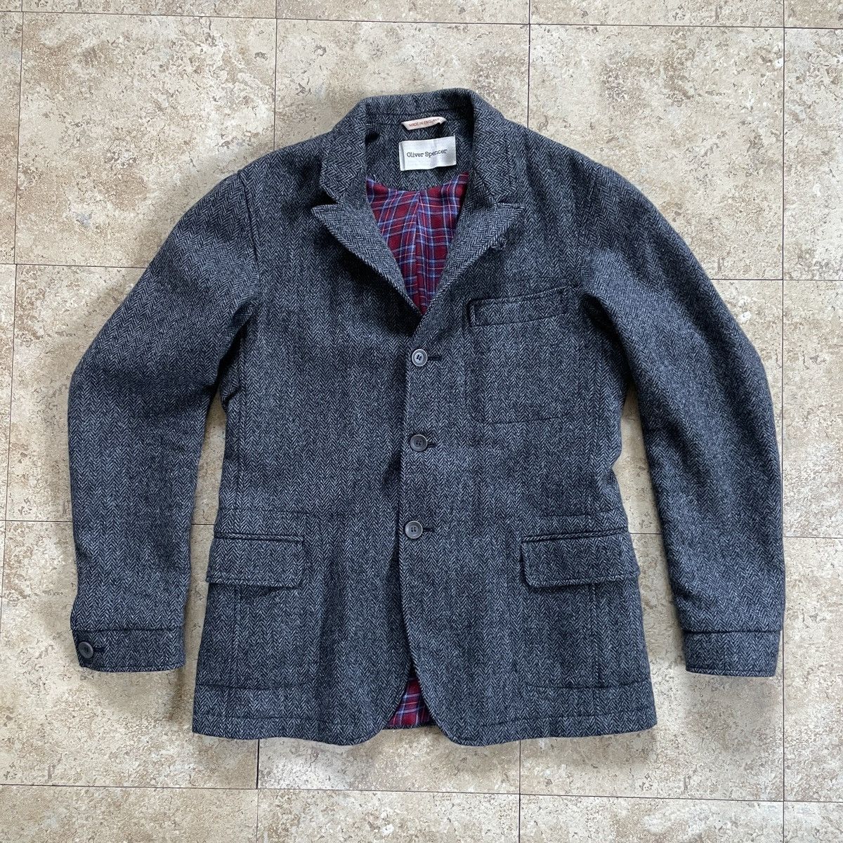 Oliver Spencer Oliver Spencer tweed wool sport coat with red plaid lining Size 38R - 1 Thumbnail