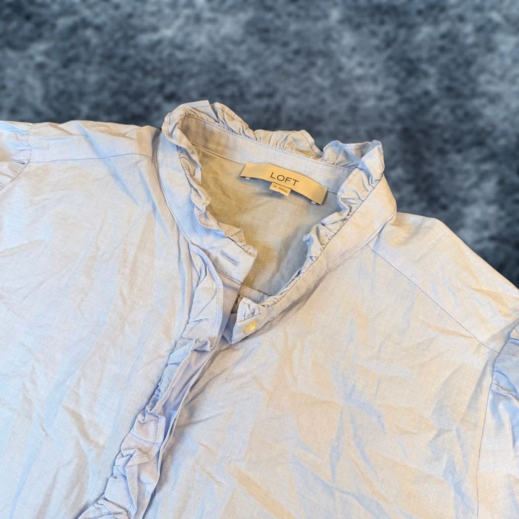 Loft LOFT Blouse Womens XL Light Blue Cotton Button Down Ruffle Trim Classic Shirt Small Details: Button, Collared, Long Sleeve, All Seasons, Workwear Size XL / US 12-14 / IT 48-50 - 1 Thumbnail