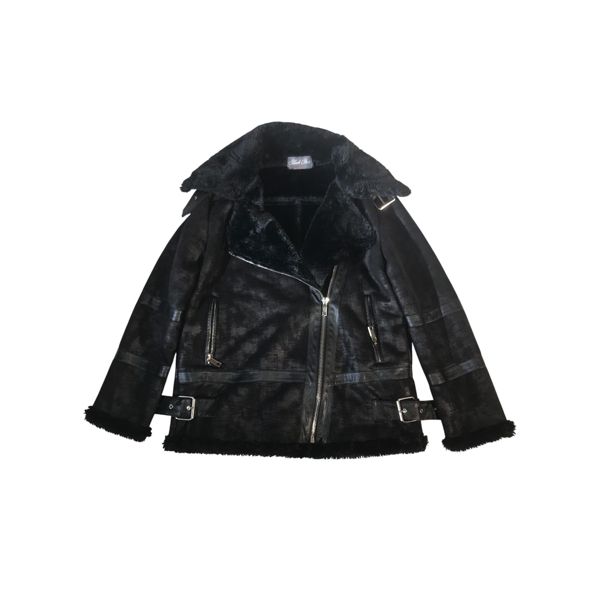 Other Sleek Chic Black Faux Leather & Fur Women's Zip Up Moto Coat Size M / US 6-8 / IT 42-44 - 1 Thumbnail