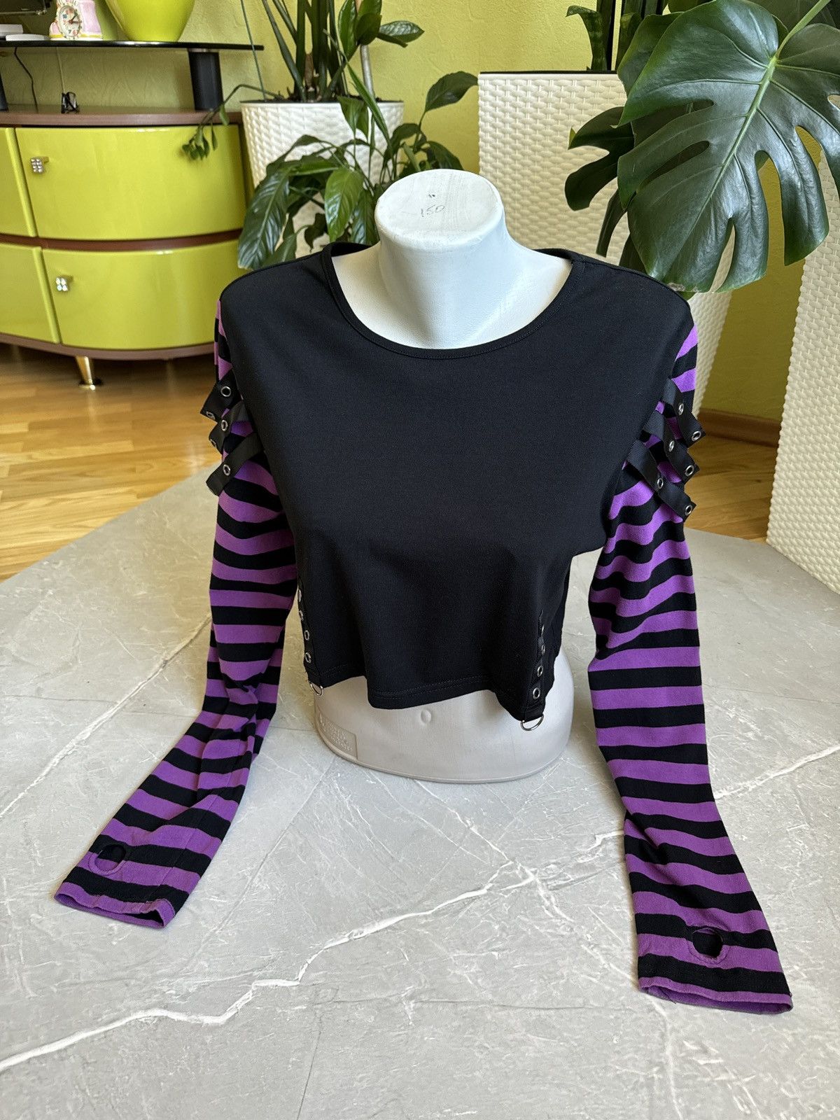 Hysteric Glamour Vintage Emo Punk Goth Cropped Longsleeve Top Black Purple Size M / US 6-8 / IT 42-44 - 2 Thumbnail