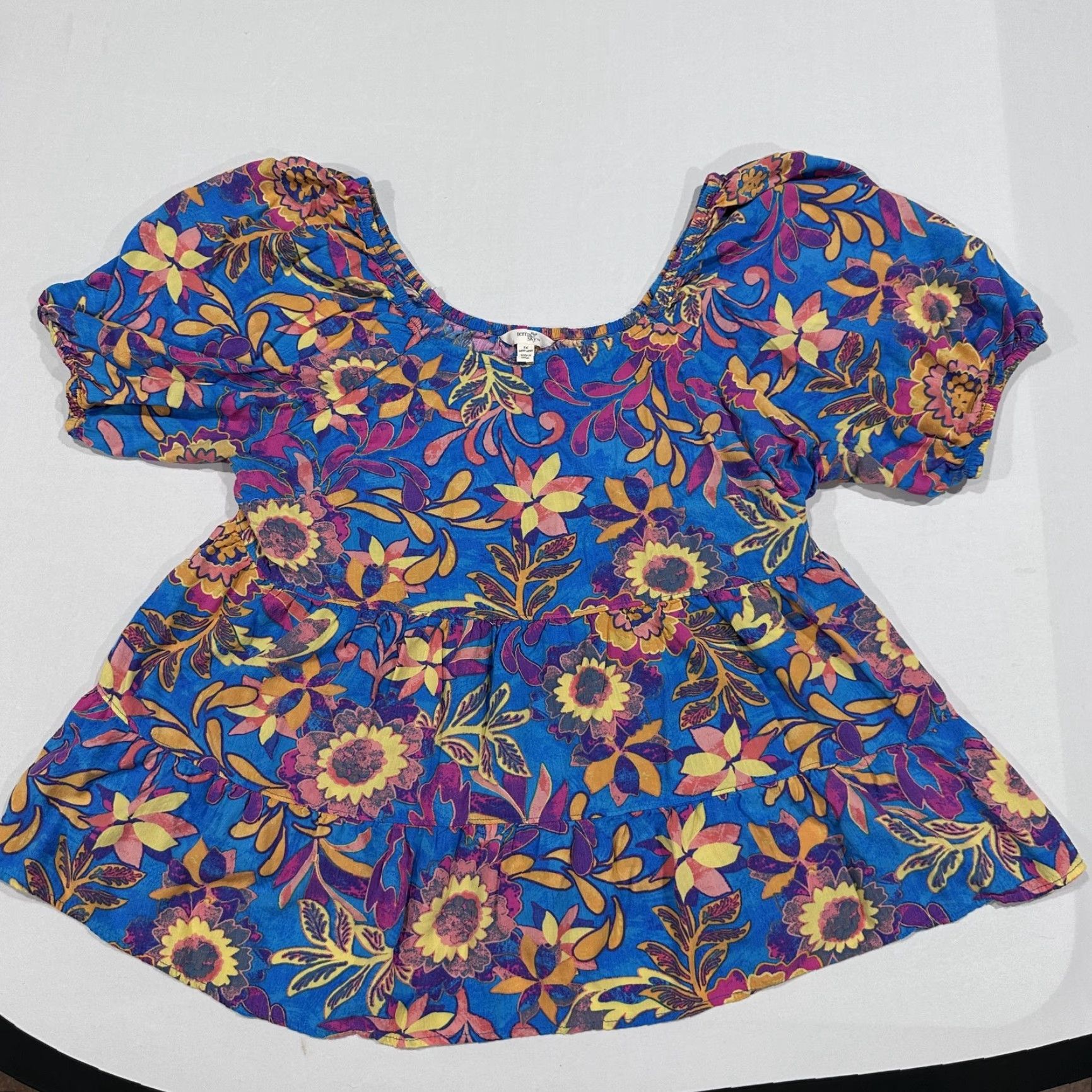 Vintage Terra & Sky Blouse Womens Plus 1X Blue Yellow Pink Puff Sleeve Scoop Neck Tunic Floral Ruffle Elastic Waist Casual Pullover Size XL / US 12-14 / IT 48-50 - 2 Thumbnail