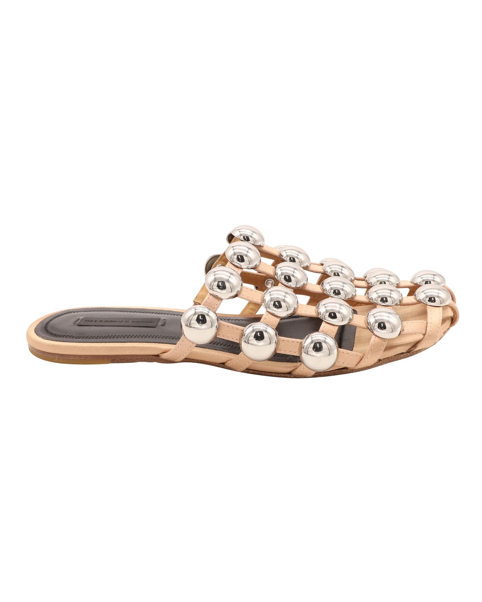 image of Alexander Wang Studded Nude Leather Flat Slides, Women's (Size 6)