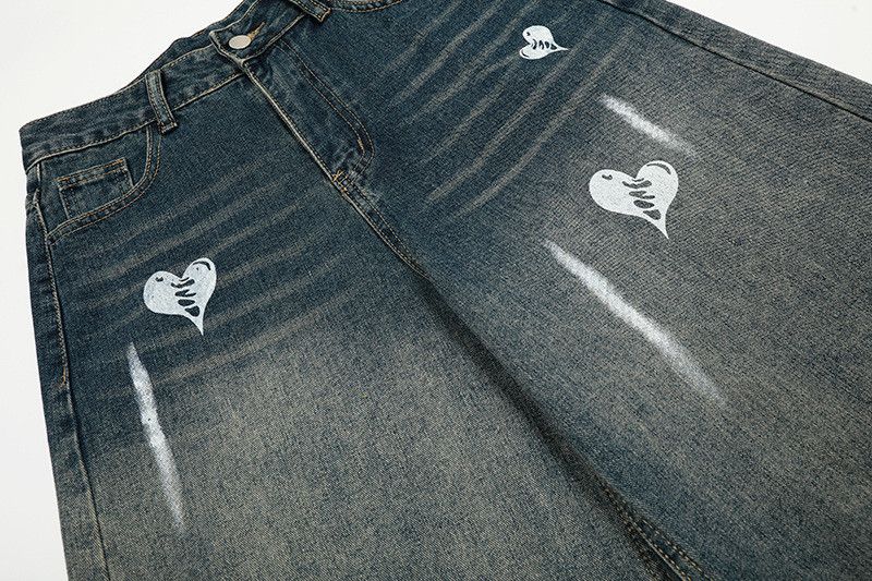 Jean Retro graffiti heart letter washed distressed jeans Size US 32 / EU 48 - 4 Thumbnail