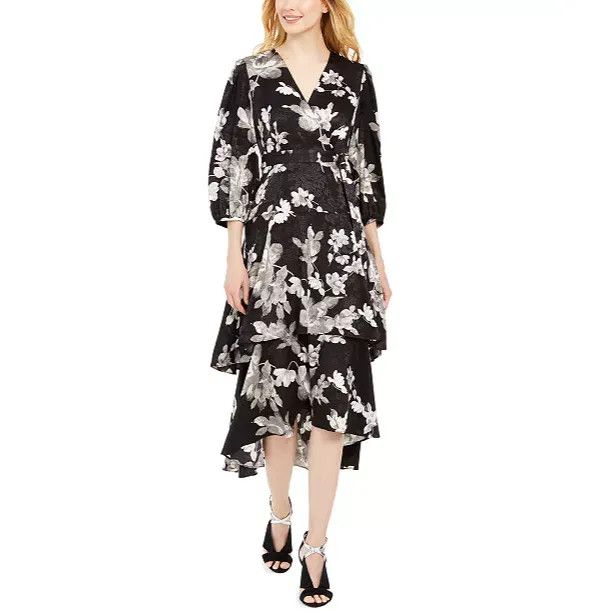 Calvin Klein Calvin Klein Printed Midi Tiered Dress, Black/Silver, Sz. 10 Size M / US 6-8 / IT 42-44 - 3 Thumbnail