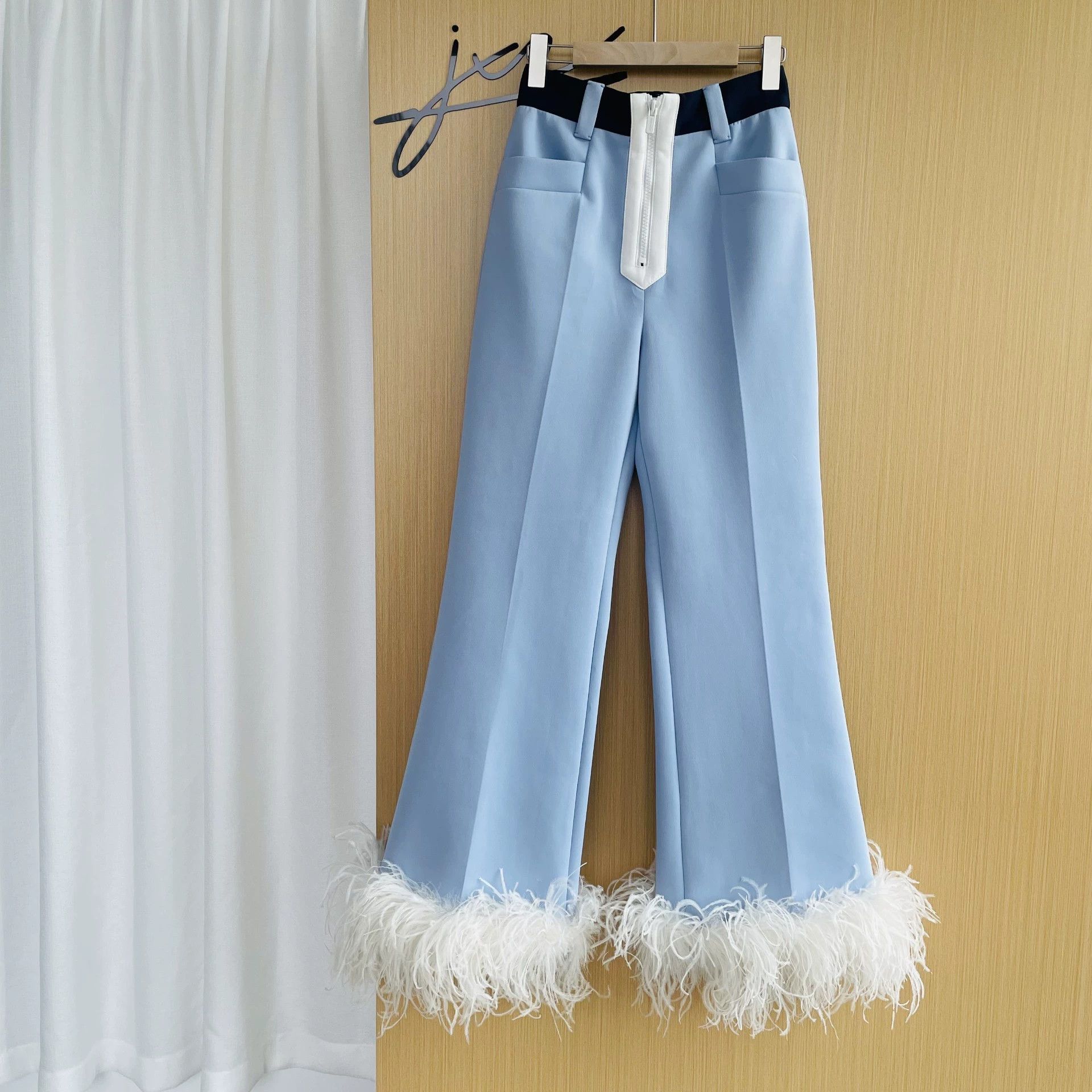 Miu Miu MIU MIU Women's 99 New FurTrimmed Blue Wideleg Pants 40s Size 27" / US 4 / IT 40 - 1 Thumbnail