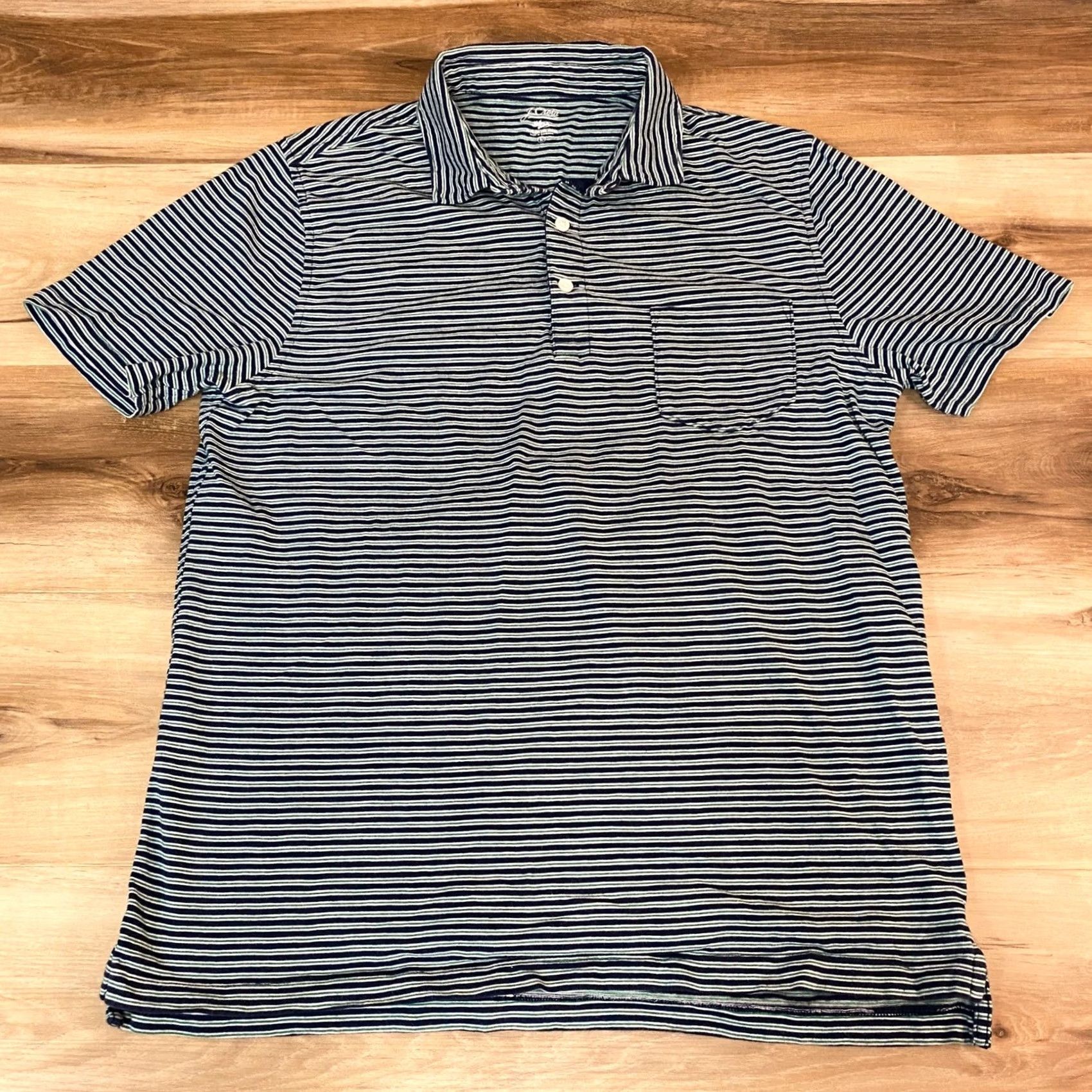 J.Crew J. Crew Polo Shirt Mens L Striped Slub Cotton Knit Short Sleeve Button-Down Pocket Navy Green Simulated Logo Casual Activewear Size US L / EU 52-54 / 3 - 2 Thumbnail