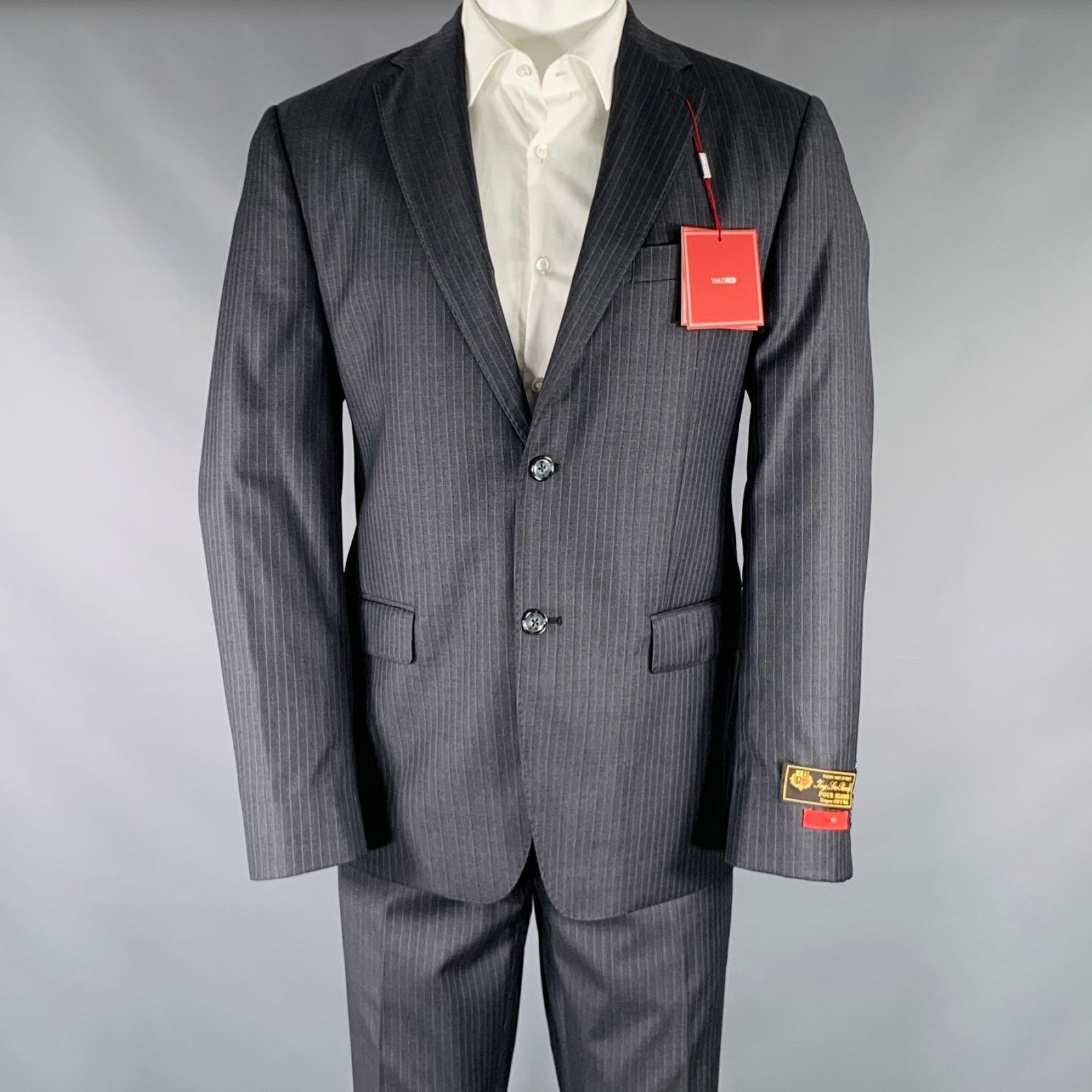Other TAILO RED Grey Blue Pinstripe Wool Single Breasted Suit Size 40R - 1 Thumbnail