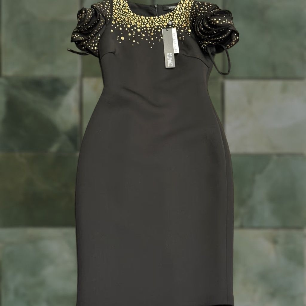 Badgley Mischka Badgley Mischka Dress Woman Black Scuba Studded Rosette-Sleeve Knee Length Size 4 NWT Size S / US 4 / IT 40 - 1 Thumbnail