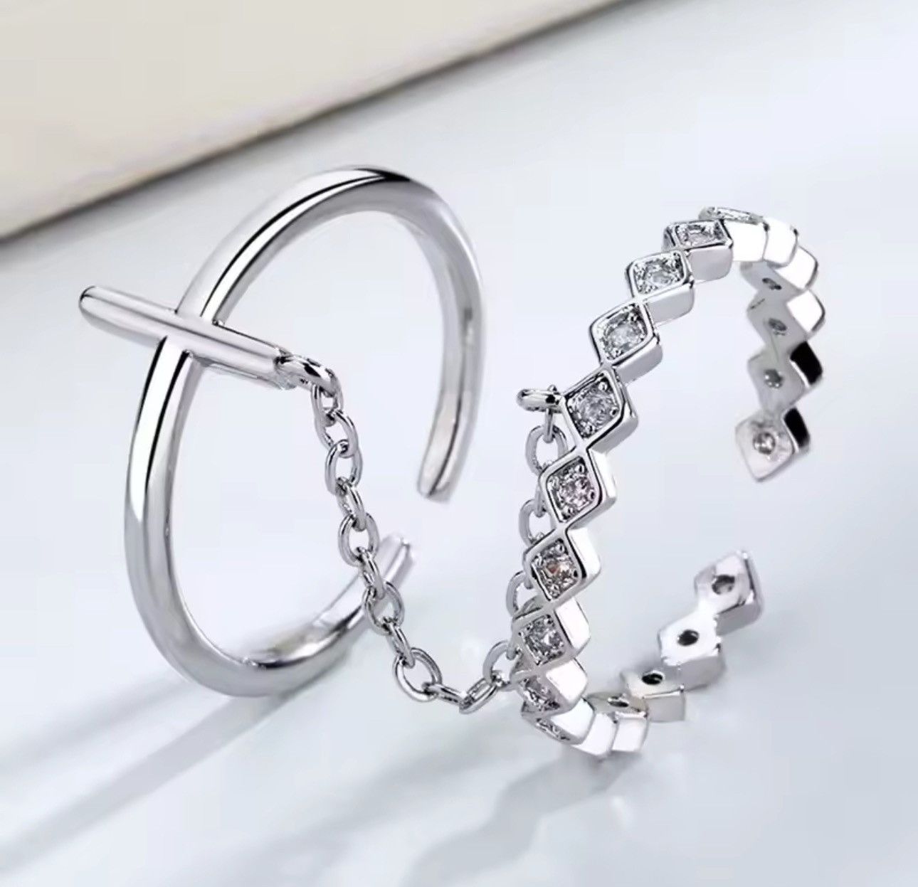 Jewelry × Vintage Geometric Double Ring Cross Chain Open Ring Size ONE SIZE - 3 Thumbnail