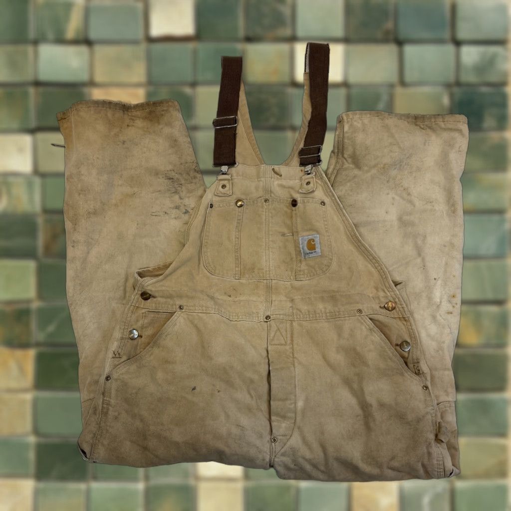VINTAGE Carhartt Dungarees Trousers Overalls Men 40 x 27 Tan Brown Quilted Duck Bib Double Knee 90s Grunge USA Mens