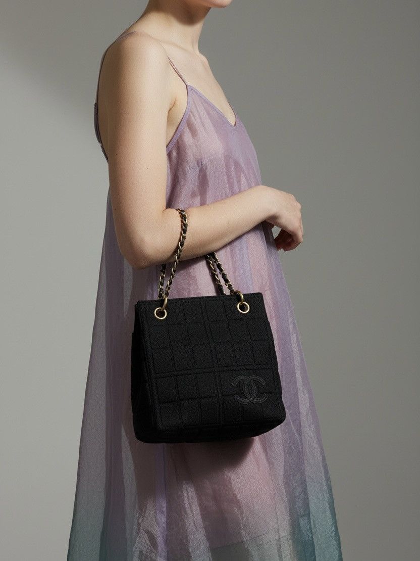 Chanel Chanel Vintage Chocobar Black Jersey Tote with chain straps Size ONE SIZE - 3 Thumbnail