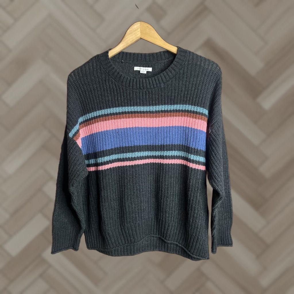 American Eagle Outfitters American Eagle Blue Striped Sweater Crew Neck Knit Long Sleeve Size Medium Size M / US 6-8 / IT 42-44 - 1 Thumbnail